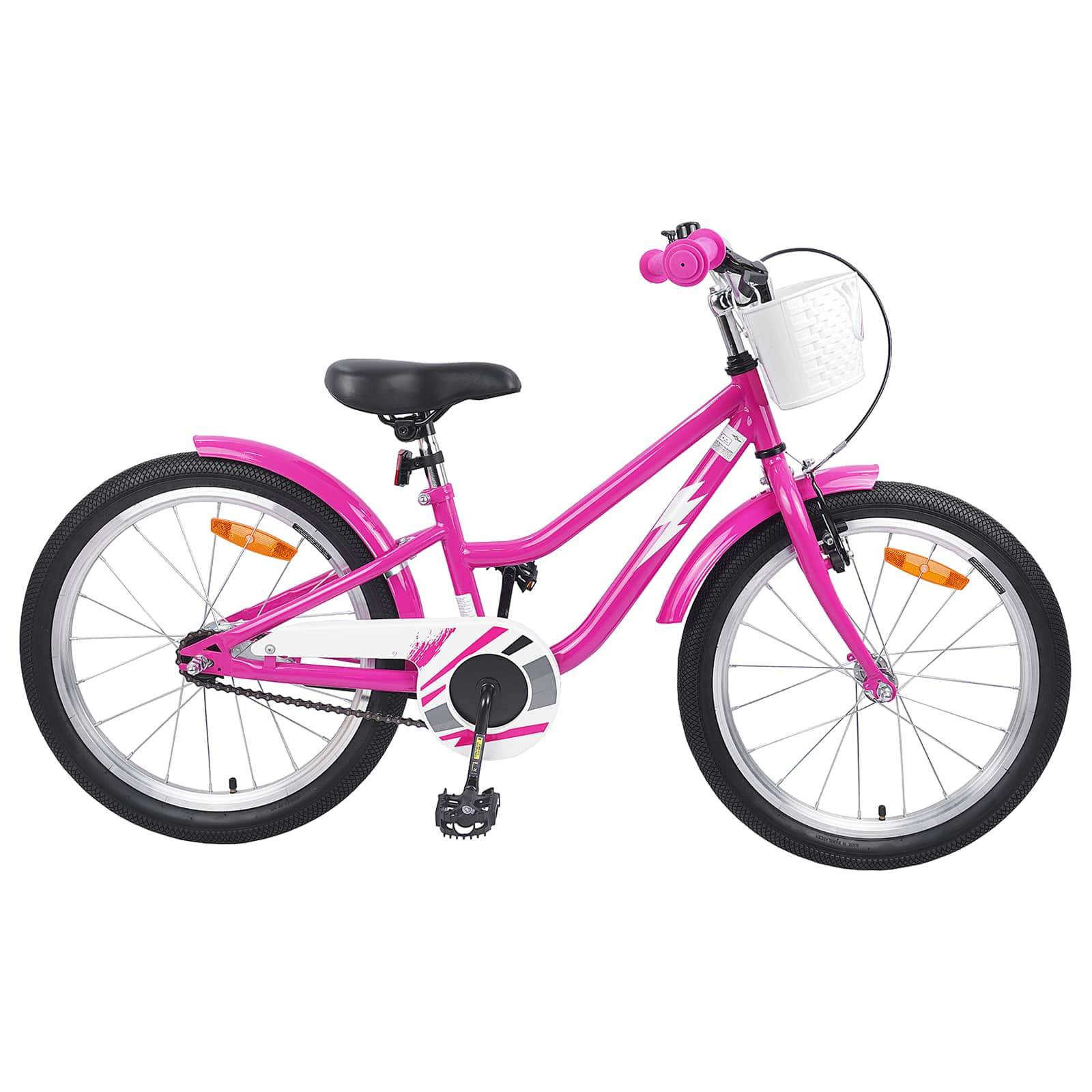 Rosa Kinderfahrrad mit weißen Akzenten, ausgestattet mit einem kleinen Korb auf dem vorderen Lenker und Stützrädern hinten.