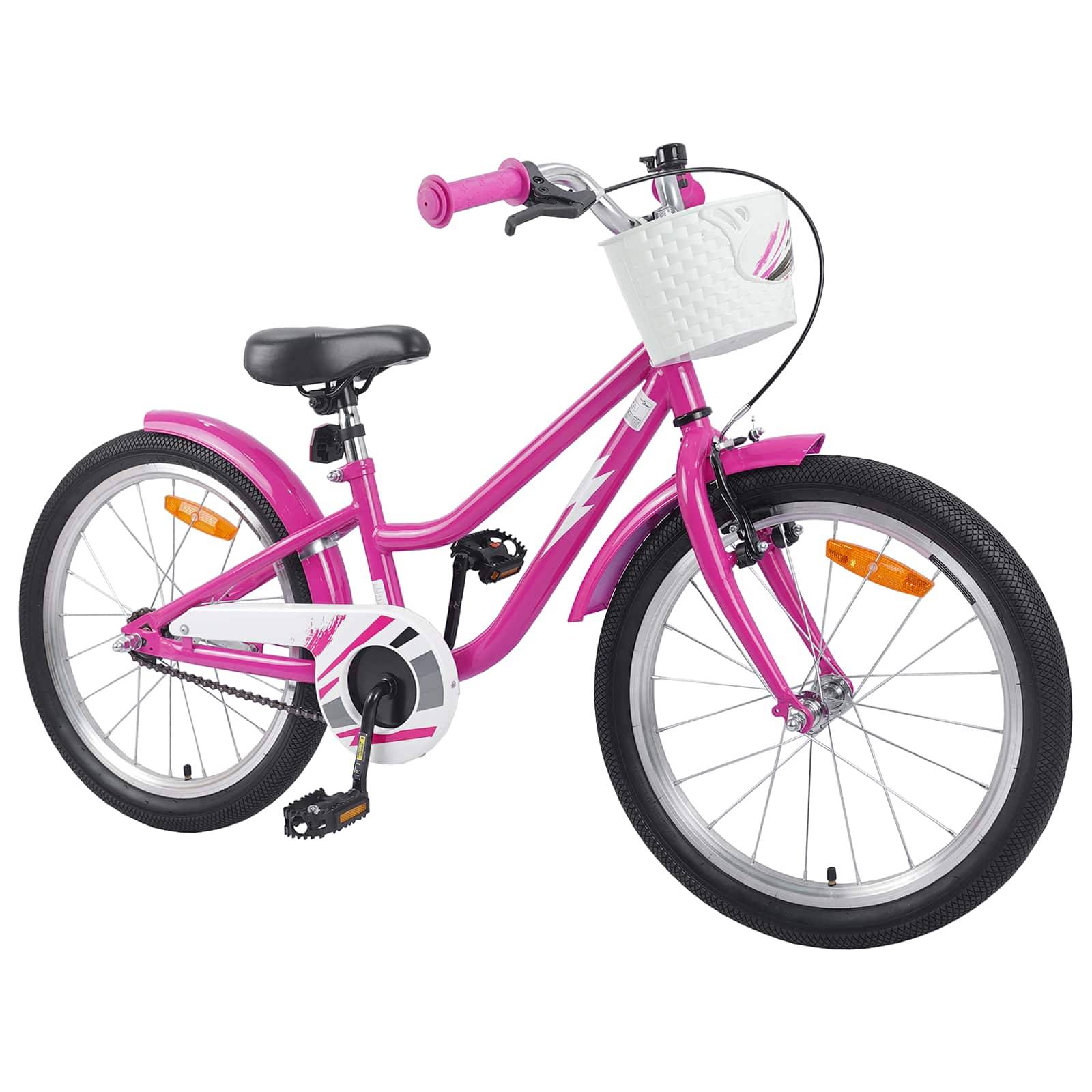 Rosa Kinderfahrrad mit einem weißen Korb, schwarzem Sattel und Stützrädern, entwickelt für junge Radfahrer.