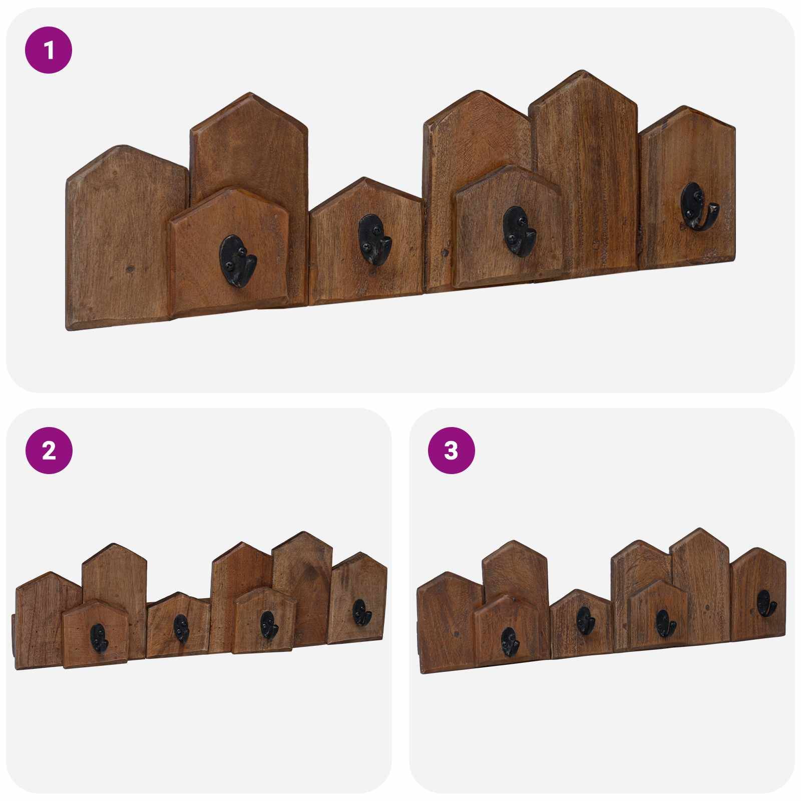 Drei ähnliche Holzkleiderhaken, jeweils mit fünf Haken in Form von Reihenhaus-Häusern. Alle haben eine rustikale Oberfläche und unterscheiden sich in ihrer Länge.