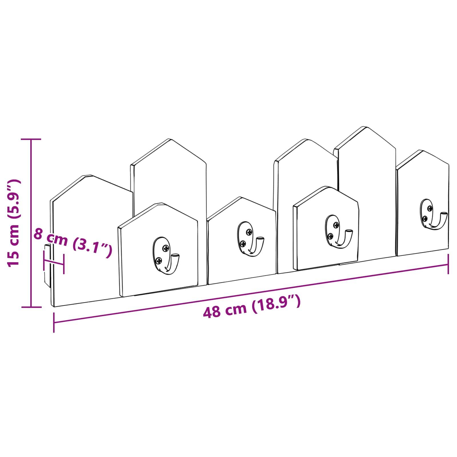 Garderobenständer in Form von kleinen Häusern, 48 cm breit und 15 cm hoch, ausgestattet mit fünf schwarzen Metallhaken; die Tiefe beträgt 8 cm.