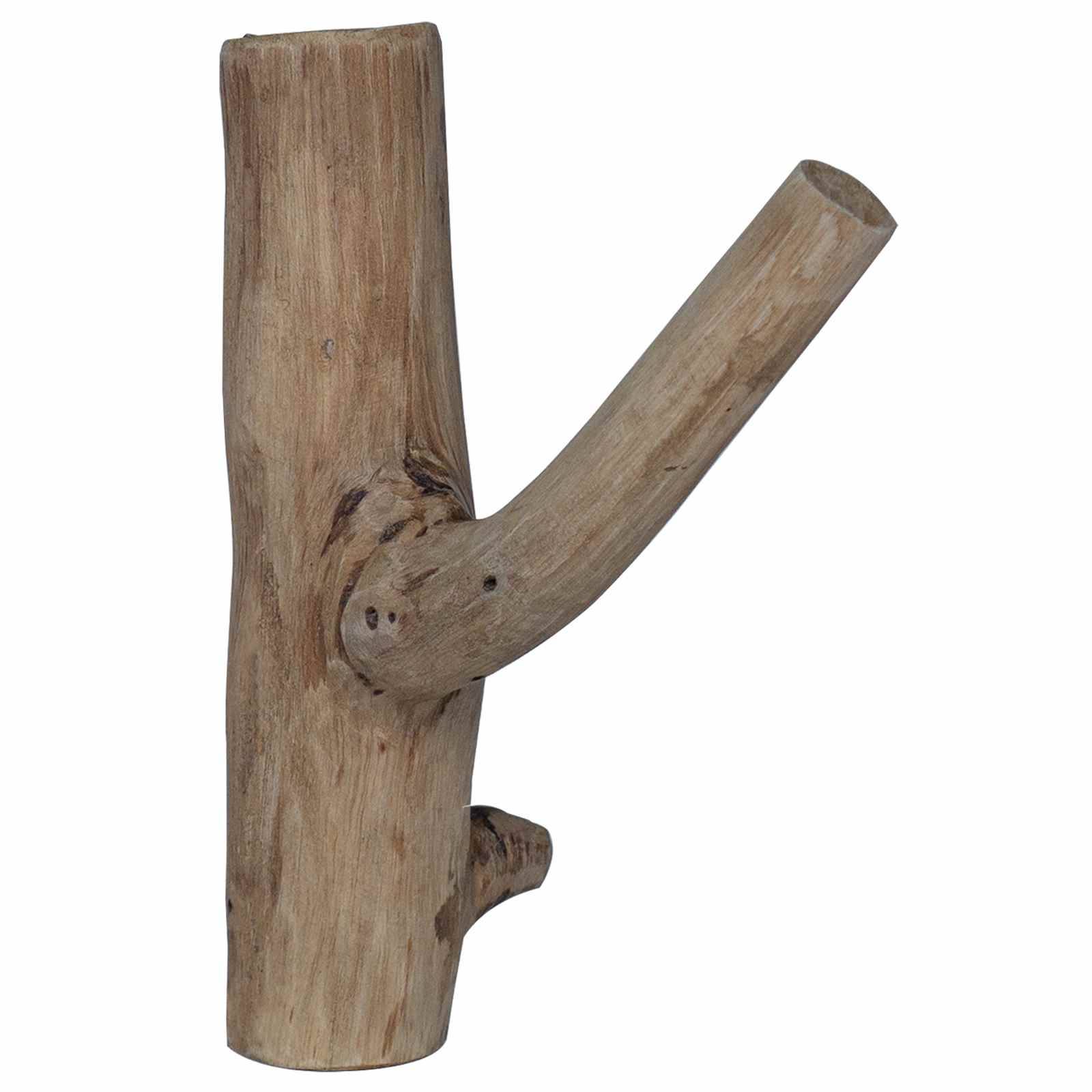 Ein Holzstamm mit einer dicken Basis und einem einzelnen diagonal abzweigenden Ast, der wie ein rustikaler Kleiderhaken oder ein dekoratives Element aussieht.