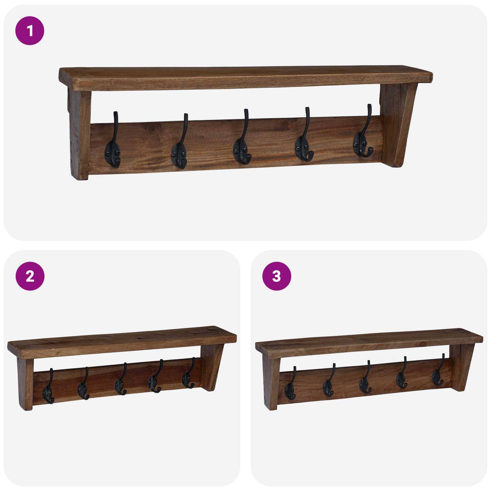 Holzwandregal mit fünf Metallhaken, aus verschiedenen Blickwinkeln dargestellt. Ideal zum Organisieren und Aufhängen von Gegenständen.
