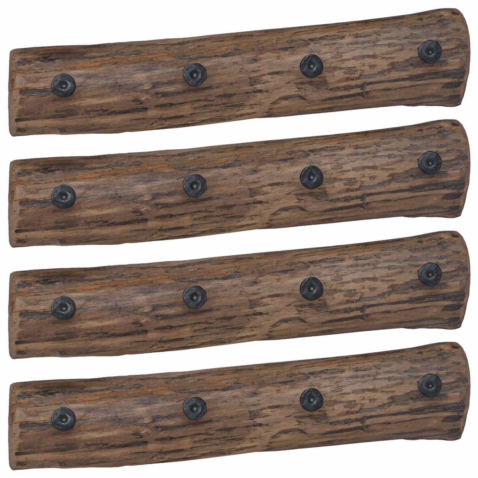 Vier braune, strukturierte, zylindrische Stämme mit sichtbaren schwarzen Schrauben, die gleichmäßig entlang ihrer Länge verteilt sind.