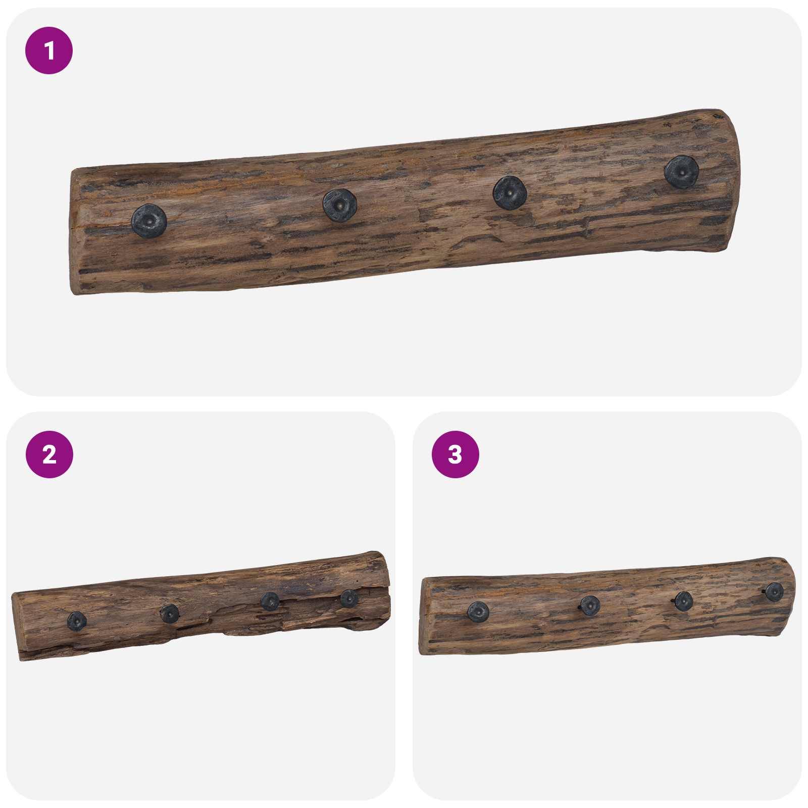 Drei Ansichten eines Holzkleiderhakens mit vier Haken. Bild 1: Frontansicht. Bild 2: Seitenansicht. Bild 3: Schrägansicht.