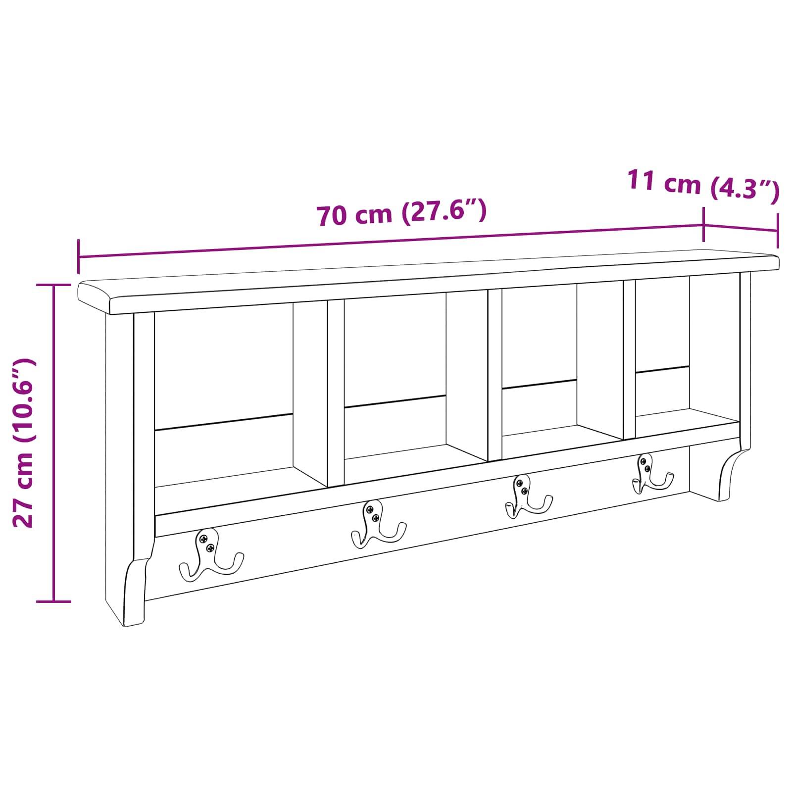 Ein wandmontiertes Regalwandboard mit drei Fächern, drei Haken darunter, und den Maßen: 70 cm breit, 27 cm hoch, 11 cm tief.