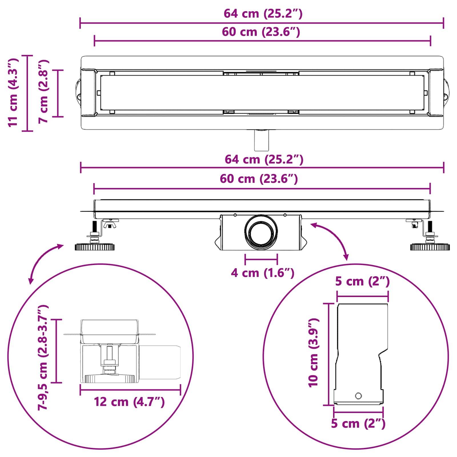 Diagramm eines Geräts mit Abmessungen: 64 cm (25,2 Zoll) breit und 11 cm (4,3 Zoll) hoch. Zusätzliche Details zeigen eine Tiefe von 4 cm (1,6 Zoll) und eine einstellbare Höhe von 7-9,5 cm (2,8-3,7 Zoll).