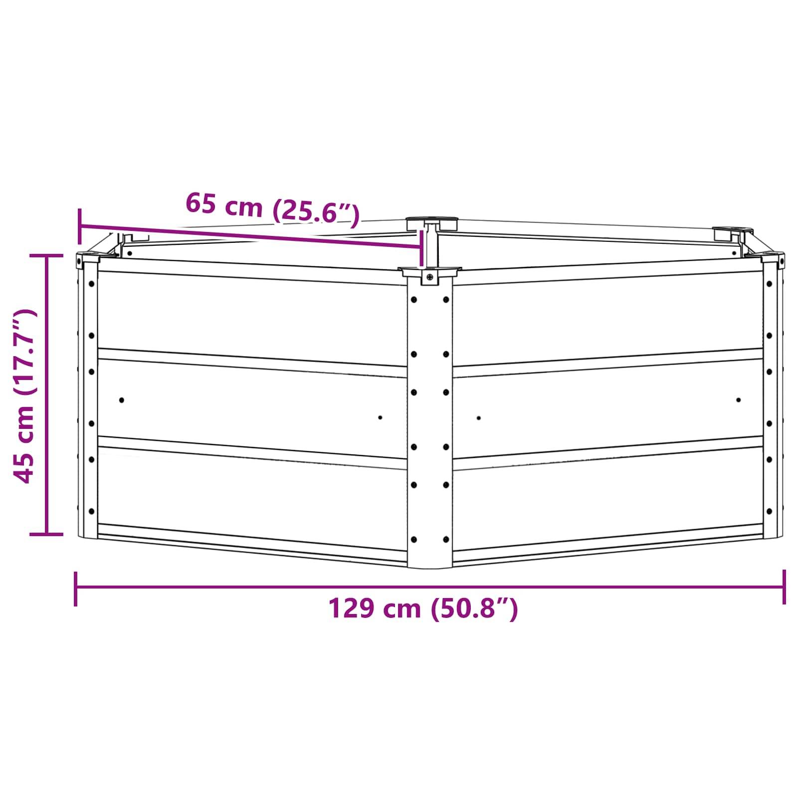 Eine Linienzeichnung eines sechseckigen Pflanzgefäßes mit Maßangaben. Breite: 129 cm (50,8 Zoll), Höhe: 45 cm (17,7 Zoll) und Tiefe: 65 cm (25,6 Zoll).