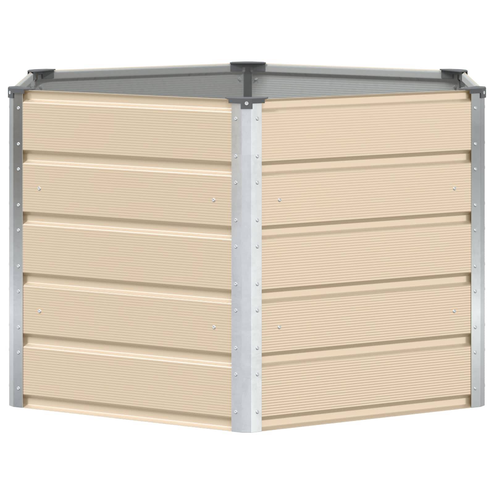 Ein beiger, quadratischer Kompostbehälter aus Metall mit gerippten Seitenwänden und einem dunklen, flachen Deckel.