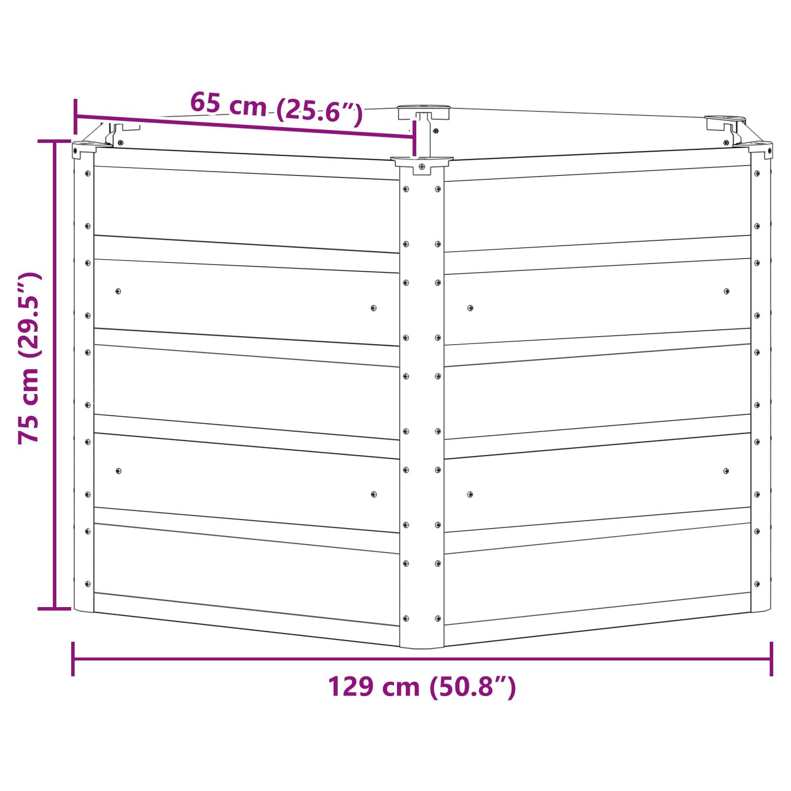 Darstellung eines rechteckigen Behälters mit Abmessungen: 75 cm hoch, 65 cm tief und 129 cm breit. Maße sind sowohl in Zentimetern als auch in Zoll beschriftet.