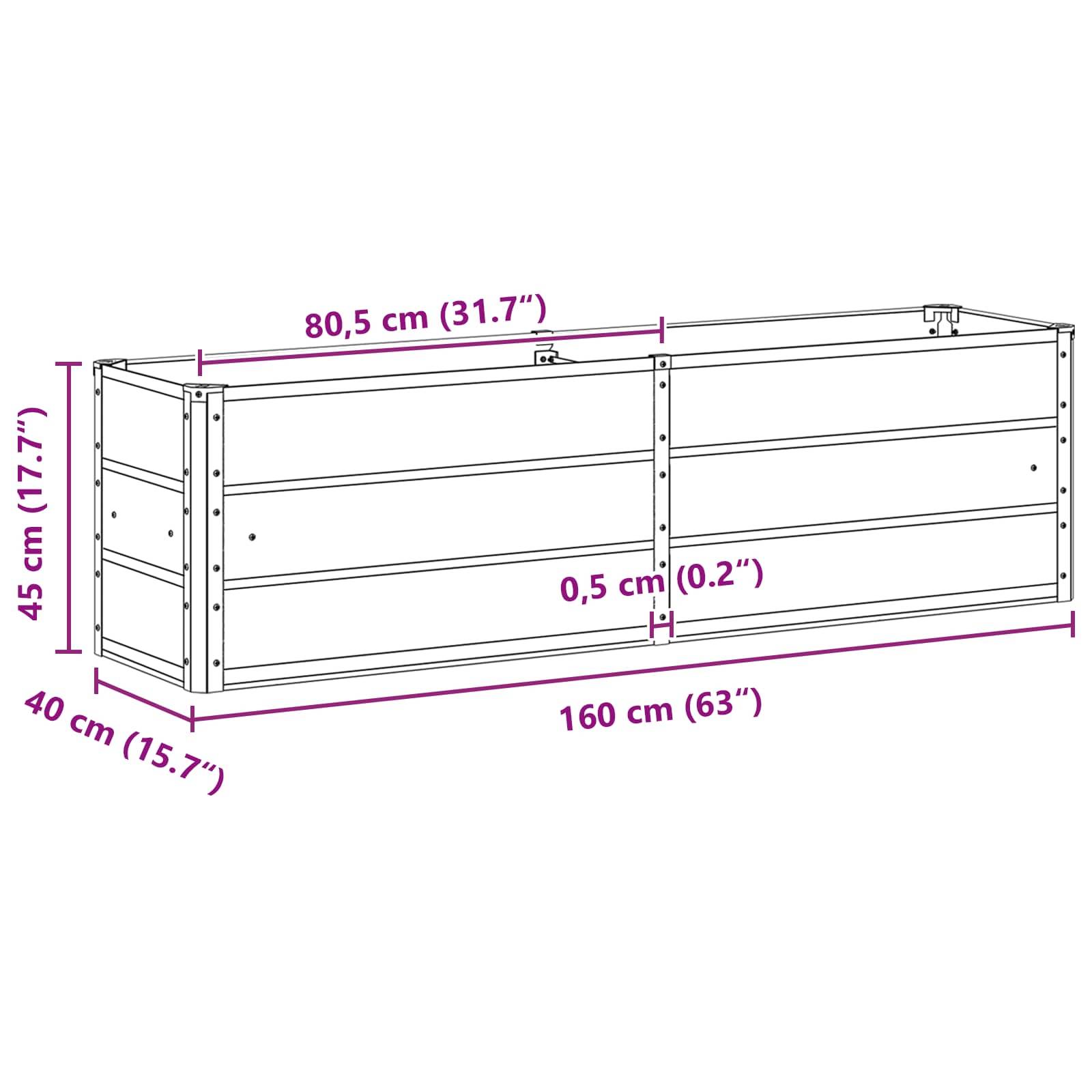 Ein erhöhtes rechteckiges Pflanzgefäß wird mit folgenden Abmessungen dargestellt: 160 cm Länge, 80,5 cm Höhe, 45 cm Breite, 40 cm Tiefe und 0,5 cm Paneeldicke.