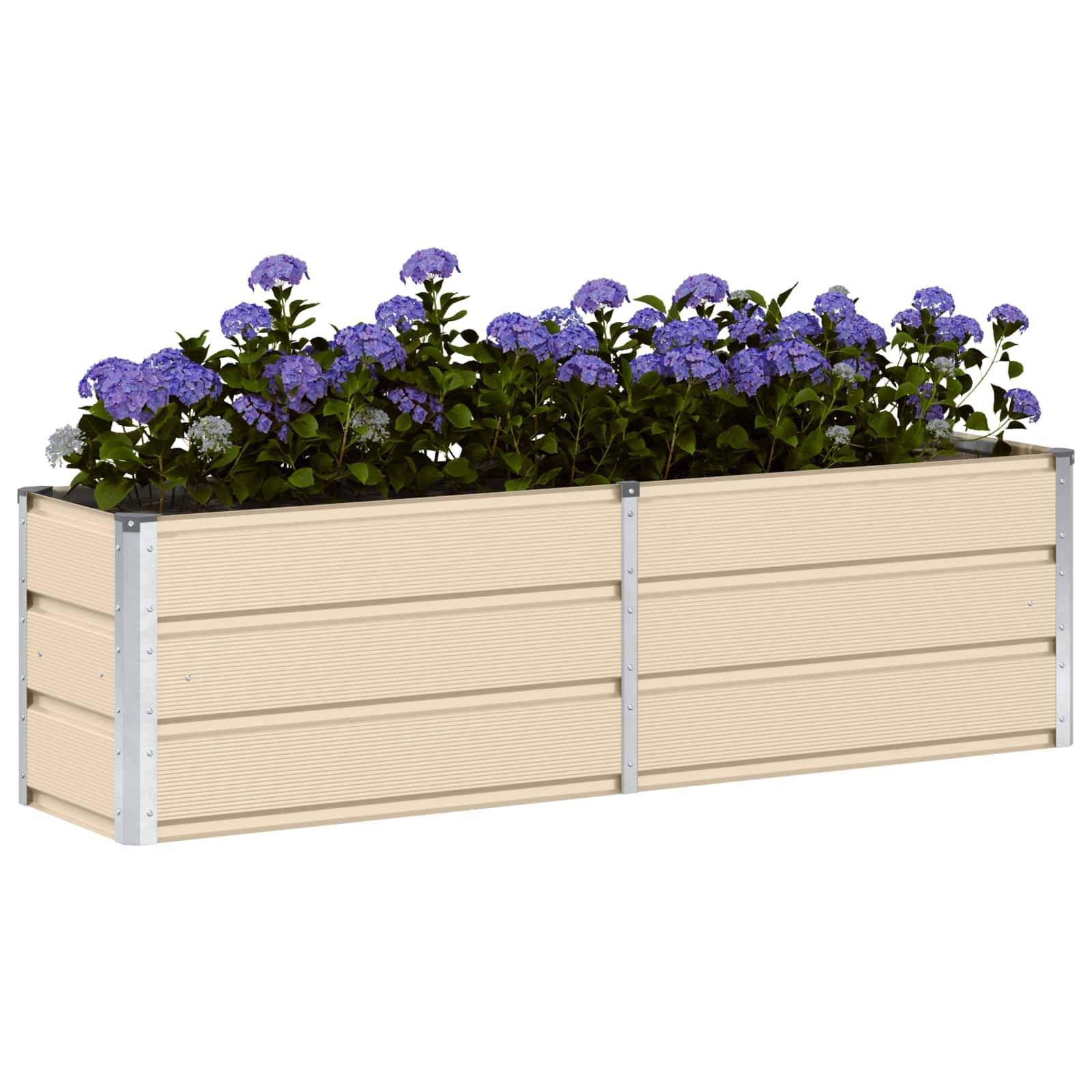 Eine rechteckige beige Pflanzbox, gefüllt mit lebhaft lila Blumen und grünen Blättern.