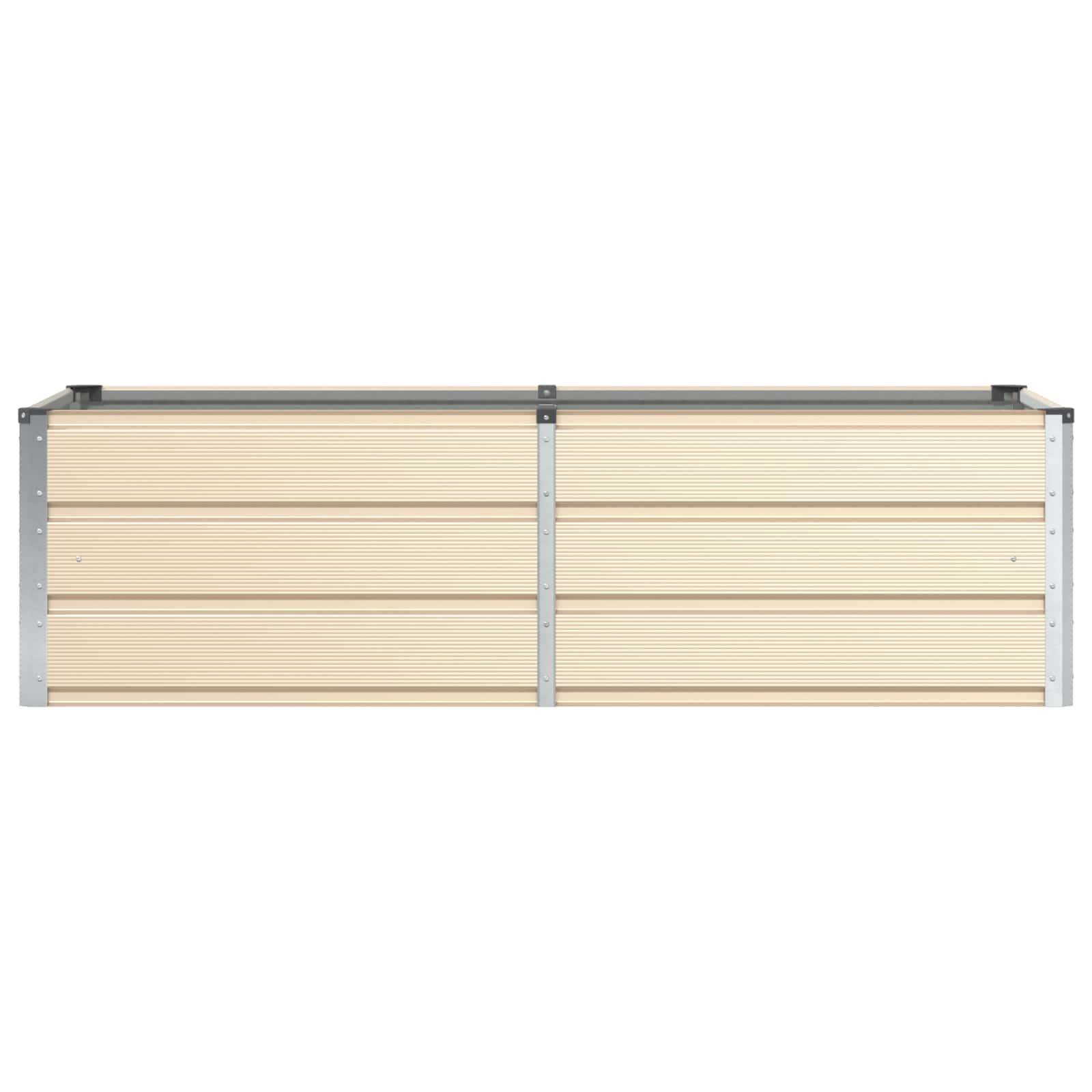 Eine beige, horizontal gestreifte Garagentor mit Metalleinfassung, von vorne betrachtet.