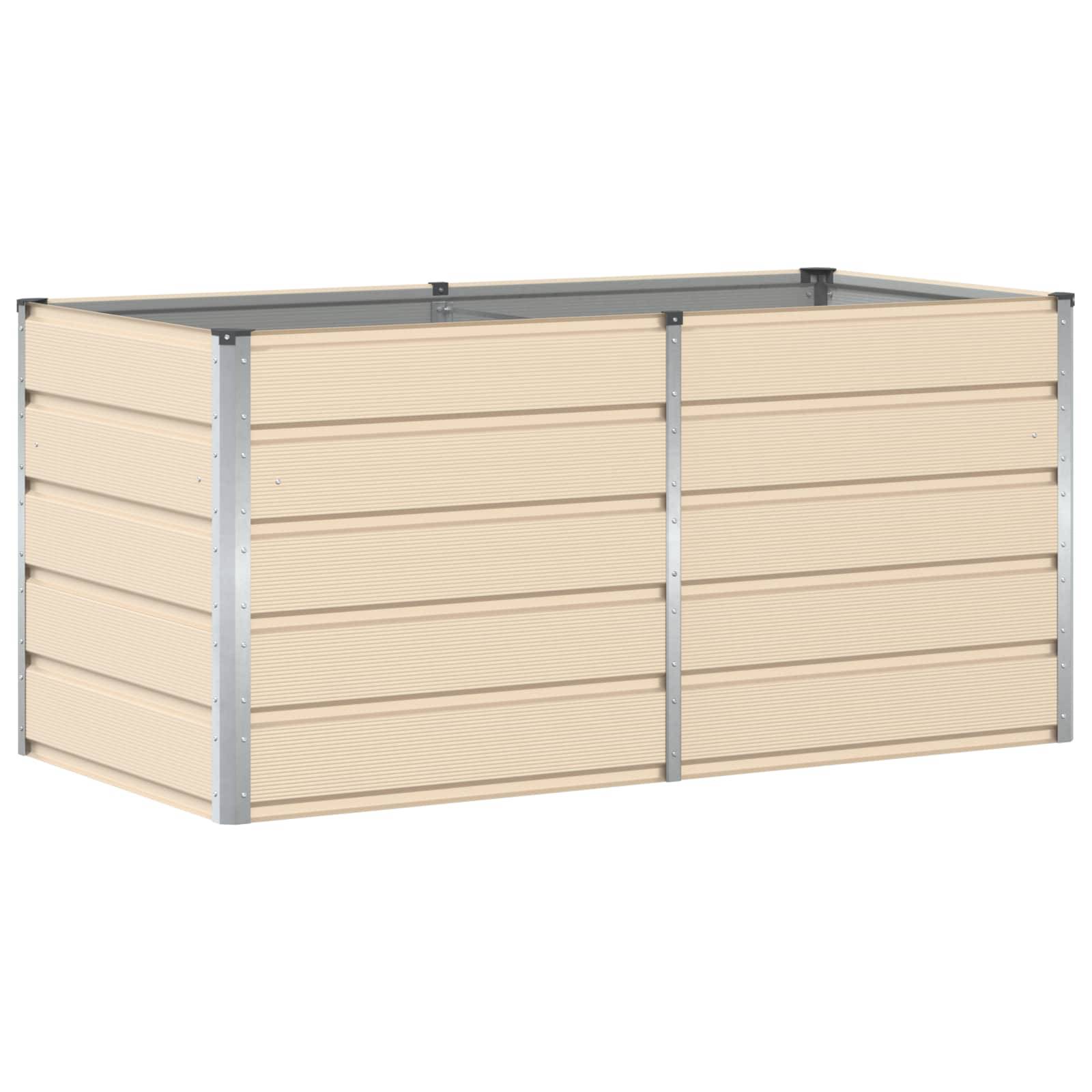 Ein großer, beiger rechteckiger Pflanzkasten mit horizontaler Paneelstruktur und Metalleckstützen, konzipiert für den Einsatz im Außenbereich.