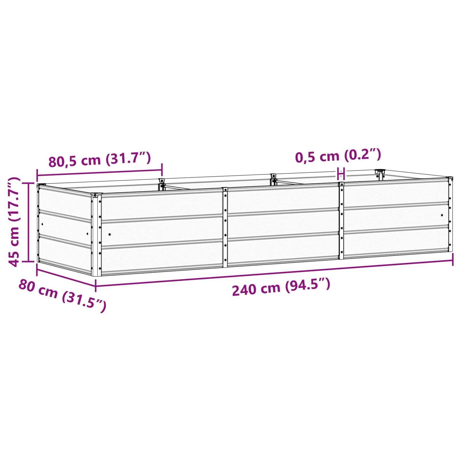 Das Bild zeigt die Abmessungen eines rechteckigen Hochbeetes: Länge 240 cm (94,5
