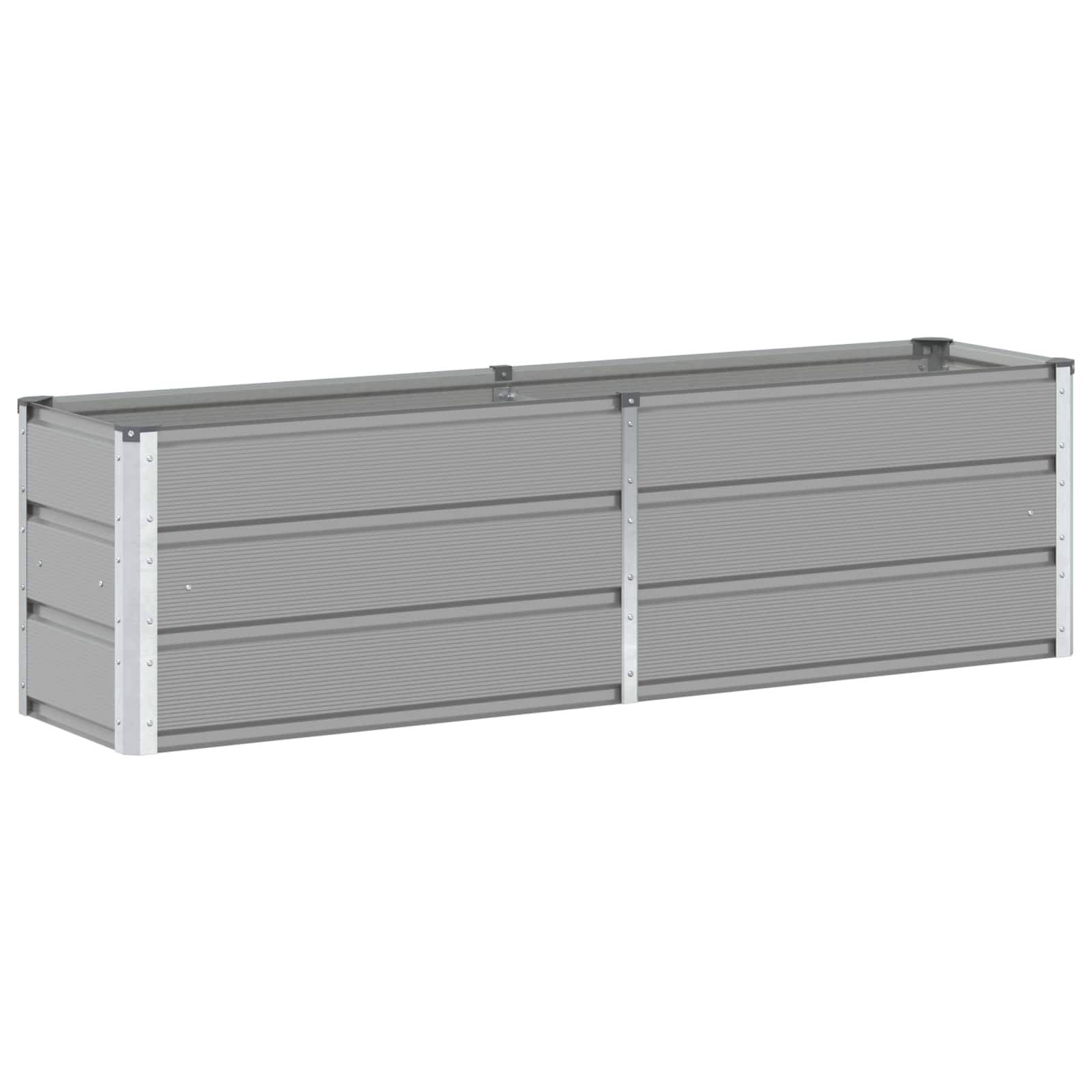 Eine rechteckige, graue Metallpflanzschale mit gerippten Seiten und einem definierten Rahmen, zum Gärtnern konzipiert.