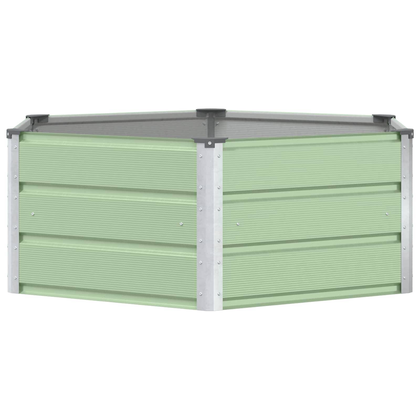 Ein sechseckiges, hellgrünes Hochbeet mit grauem oberen Rand. Hergestellt aus gerippten Paneelen und metallischen Eckstützen. Ideal zum Gärtnern.