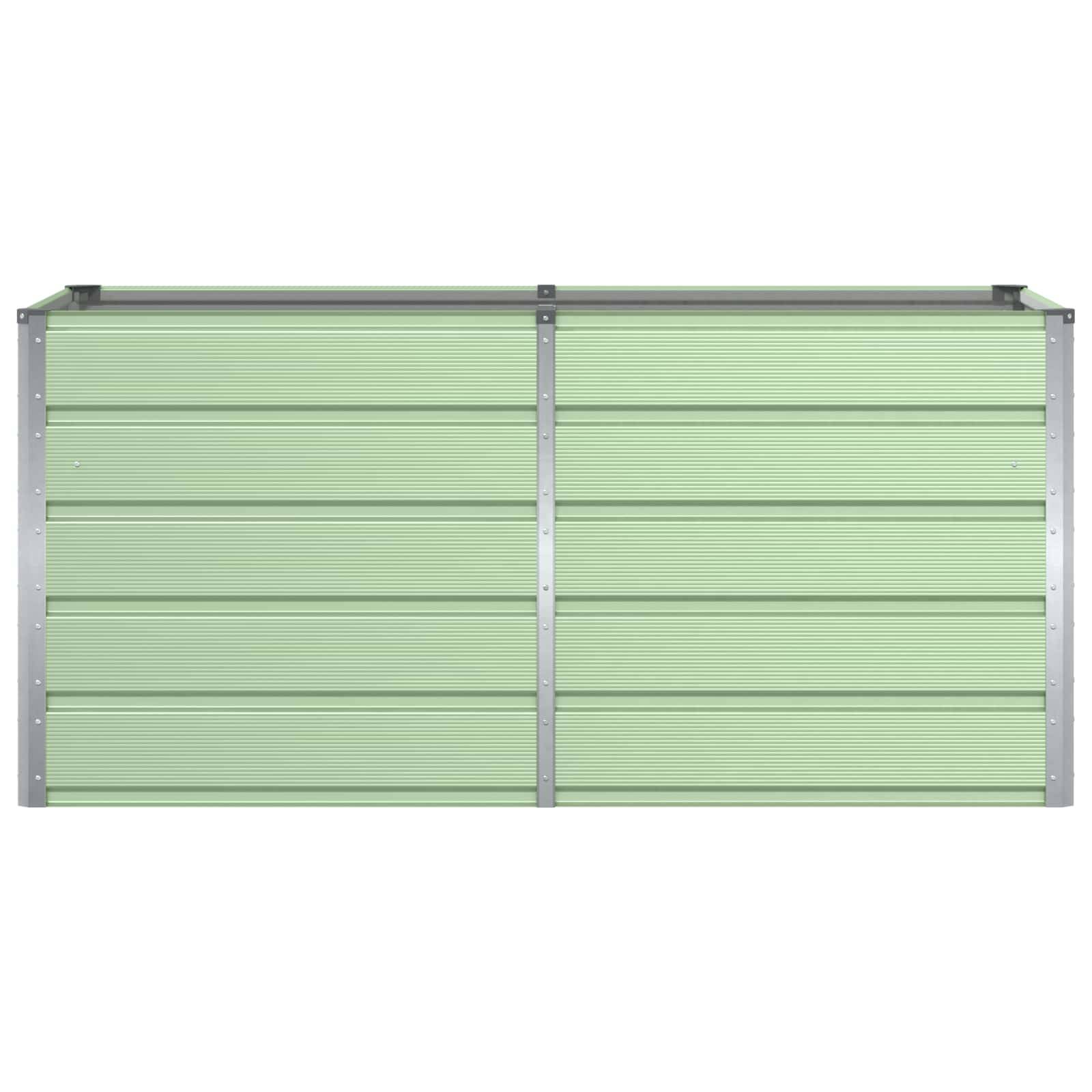 Eine grüne, horizontale Garage mit Lamellen und einer vertikalen Mittelfuge sowie einem Metallrahmen, von vorne betrachtet.