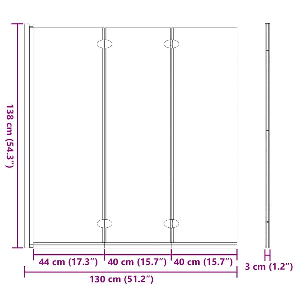 Eine technische Zeichnung einer Duschkabine zeigt folgende Maße: Breite 130 cm (51,2 Zoll), Höhe 138 cm (54,3 Zoll) und Tiefe 3 cm (1,2 Zoll).