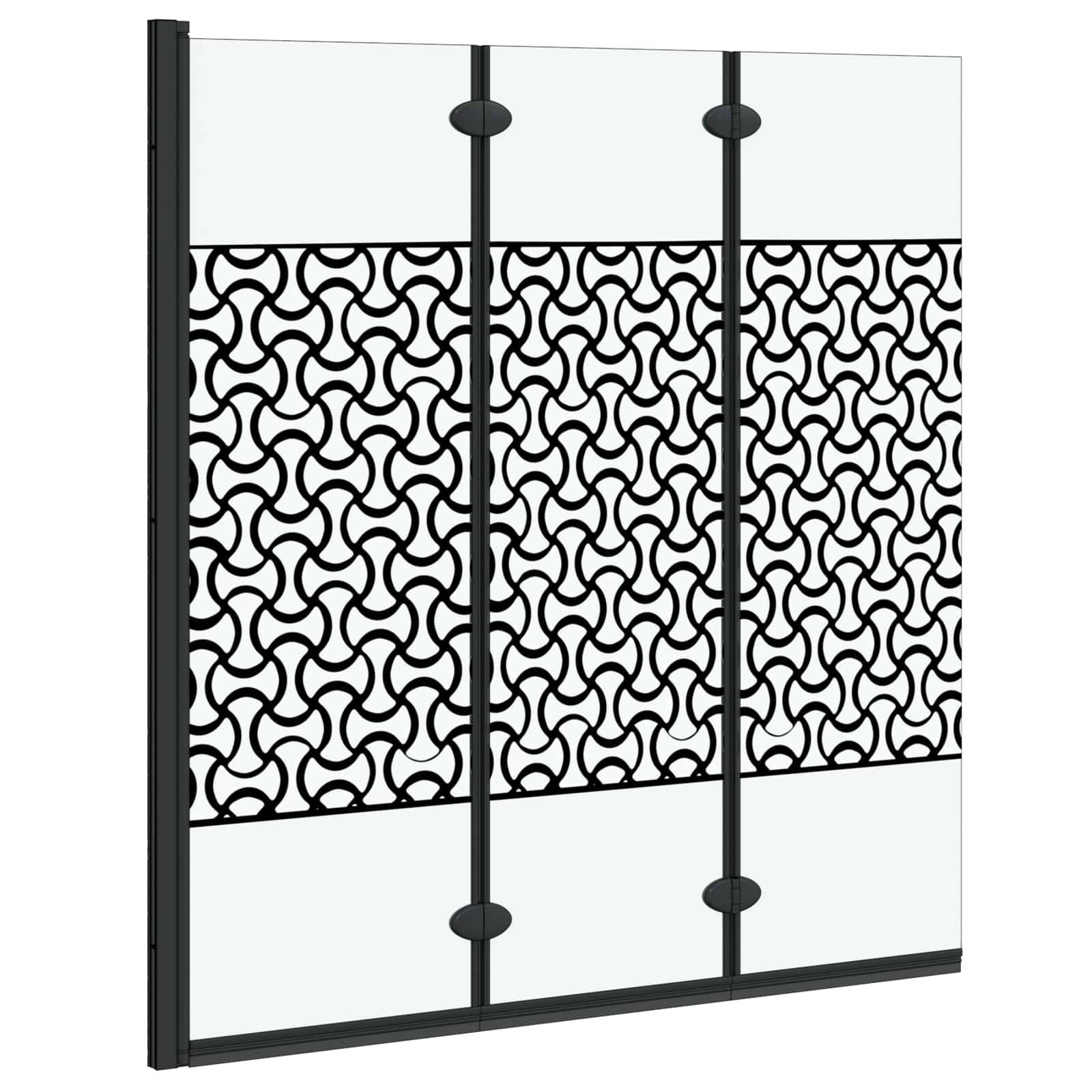 Undurchsichtiger Glasschirm mit drei Paneelen, der ein wirbelndes schwarzes Muster im mittleren Abschnitt aufweist und in schwarze Metallrahmen eingefasst ist.