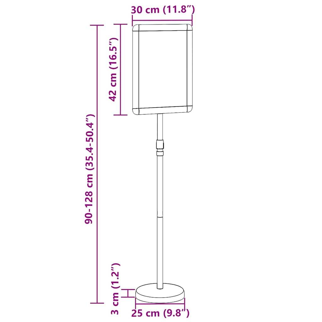 Maße des Bodenständers für Poster: 90-128 cm höhenverstellbar, Posterrahmen 30x42 cm, Basisdurchmesser 25 cm.