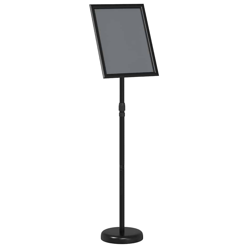 Ein schwarzer, höhenverstellbarer Displayständer mit einem Rahmen zum Halten eines Posters oder Schildes, vor einem einfarbigen Hintergrund.