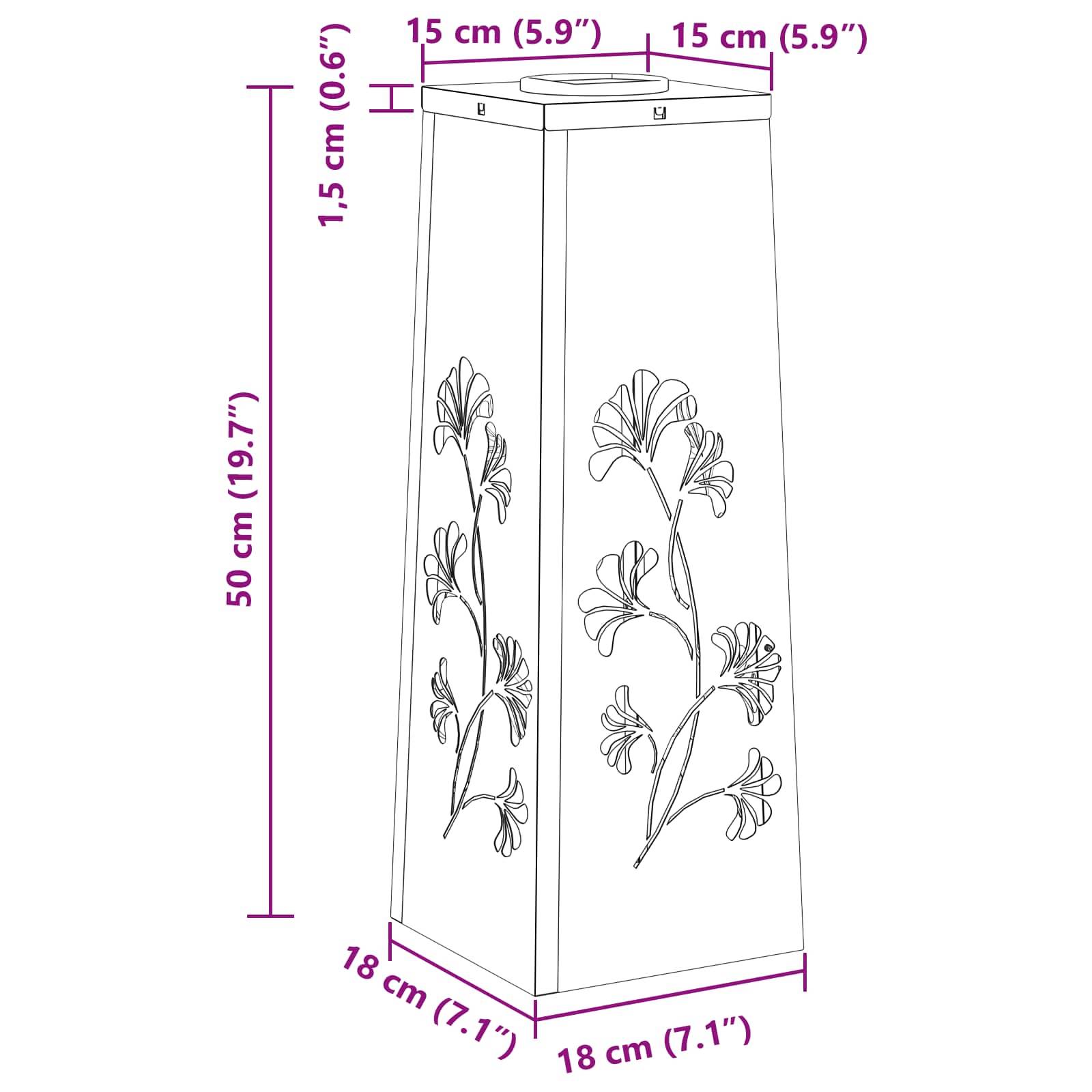 Diagramm einer Lampe mit floralen Designs an jeder Seite. Maße: 50 cm (19,7