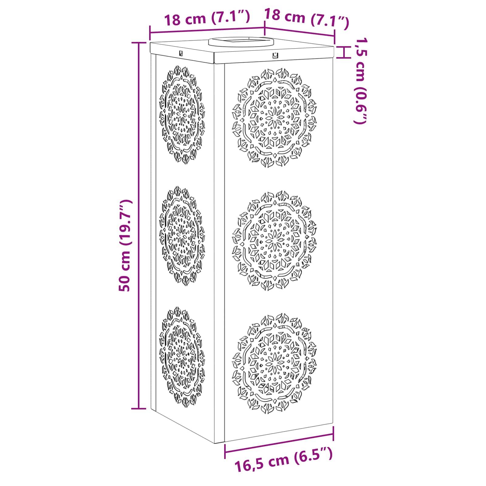 Das Bild zeigt eine dekorative rechteckige Box mit Blumenmuster an den Seiten. Die Abmessungen sind: Höhe 50 cm, Tiefe 16,5 cm, Oberseite 18 cm quadratisch.