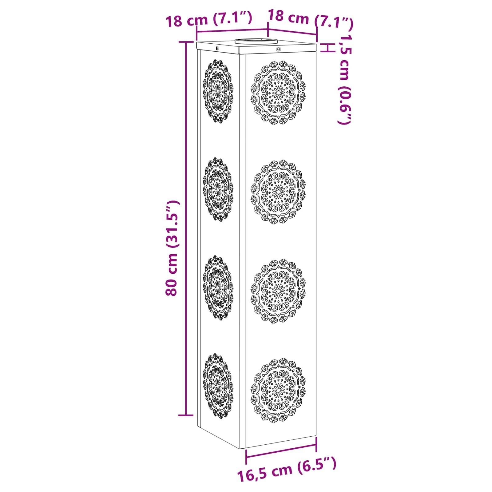 Hohe dekorative Säule mit komplexen kreisförmigen Mustern, misst 80 cm Höhe, 18 cm Breite und 16,5 cm Tiefe.