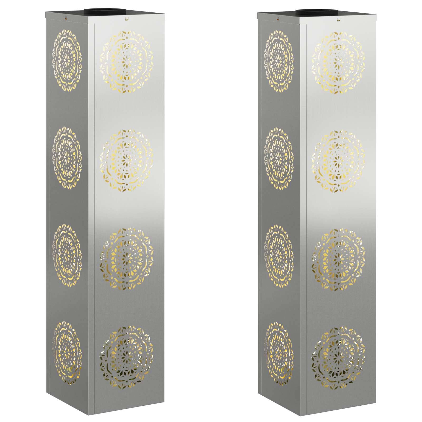 Zwei hohe, metallische rechteckige Säulen sind jeweils mit kunstvollen kreisförmigen Goldmustern verziert, die sich vertikal entlang der Vorderseiten erstrecken.