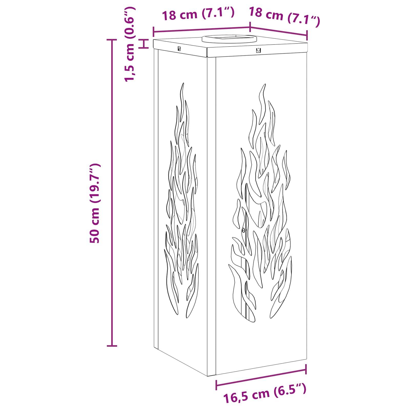 Eine hohe rechteckige Box mit den Maßen 50 cm x 18 cm x 16,5 cm, mit flammenförmigen Ausschnitten an den Seiten, wird mit beschrifteten Abmessungen dargestellt.