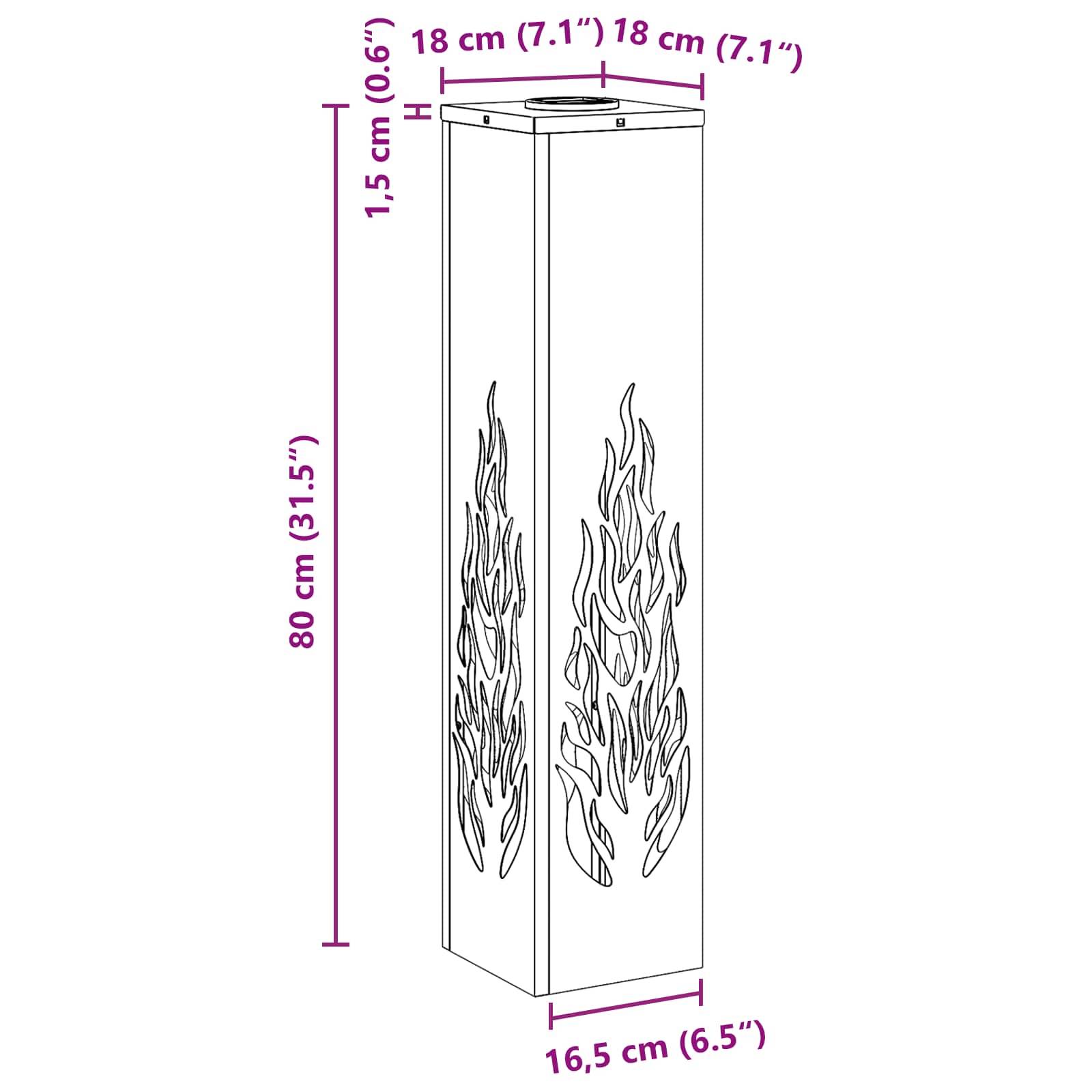 Ein hoher, rechteckiger Pfeiler mit Flammendesigns an den Seiten. Abmessungen: 80 cm hoch, 16,5 cm breit, 18 cm tief; in lila Text gekennzeichnet.