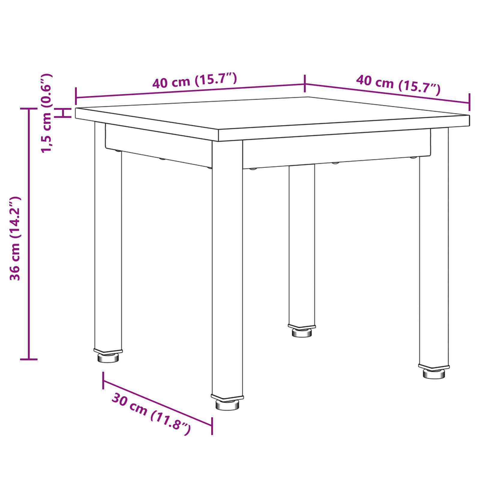 Eine Linienzeichnung eines Tisches mit beschrifteten Abmessungen: Höhe 36 cm (14,2