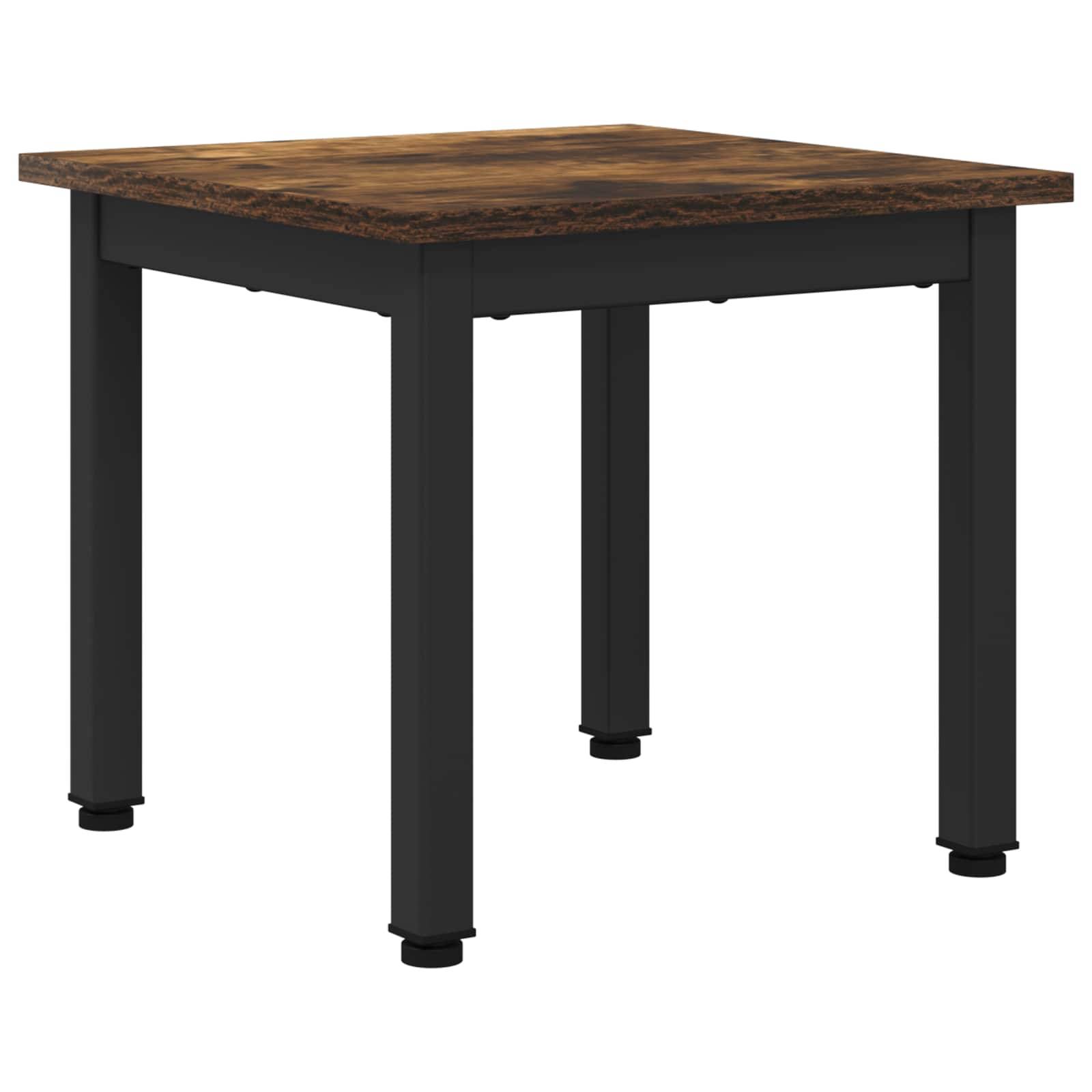 Ein quadratischer Holztisch mit dunkler Beschichtung und robusten schwarzen Metallbeinen.