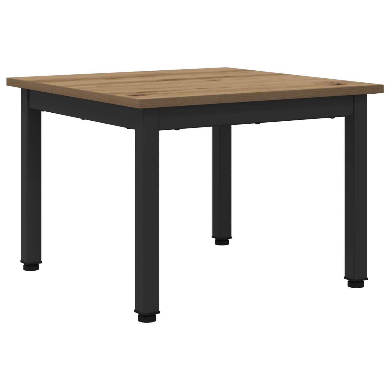 Ein quadratischer Holztisch mit robusten, schwarzen Metalbeinen steht vor einem weißen Hintergrund und präsentiert ein modernes, minimalistisches Design.