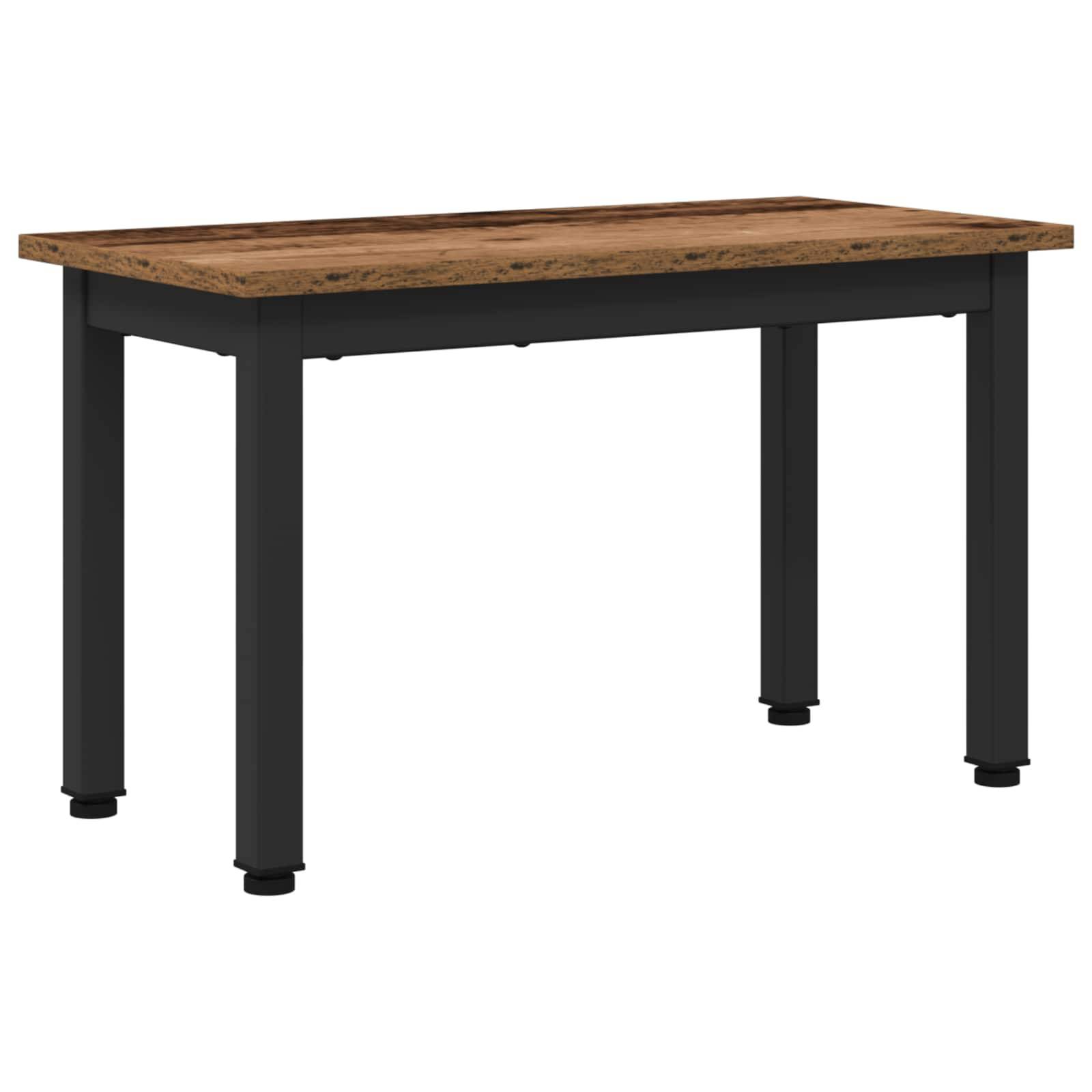 Ein rechteckiger Holztisch mit schwarzem Metallgestell, ausgestattet mit einer rustikalen braunen Tischplatte. Er verfügt über ein robustes, minimalistisches Design.