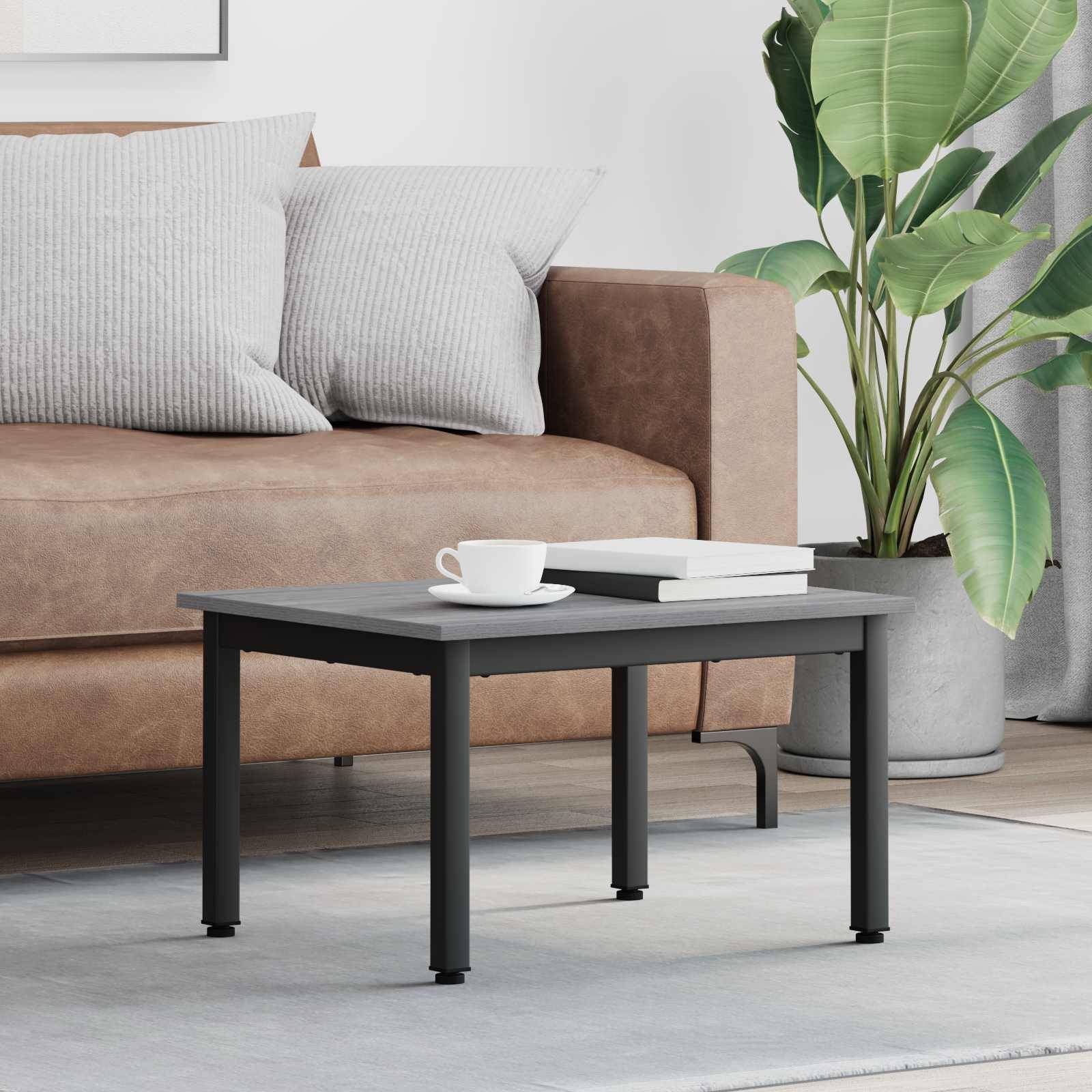 Braunes Sofa mit grauen Kissen neben einer grünen Pflanze. Ein schwarzer Couchtisch mit einem Buch und einer Tasse steht davor. Heller, moderner Wohnraum.