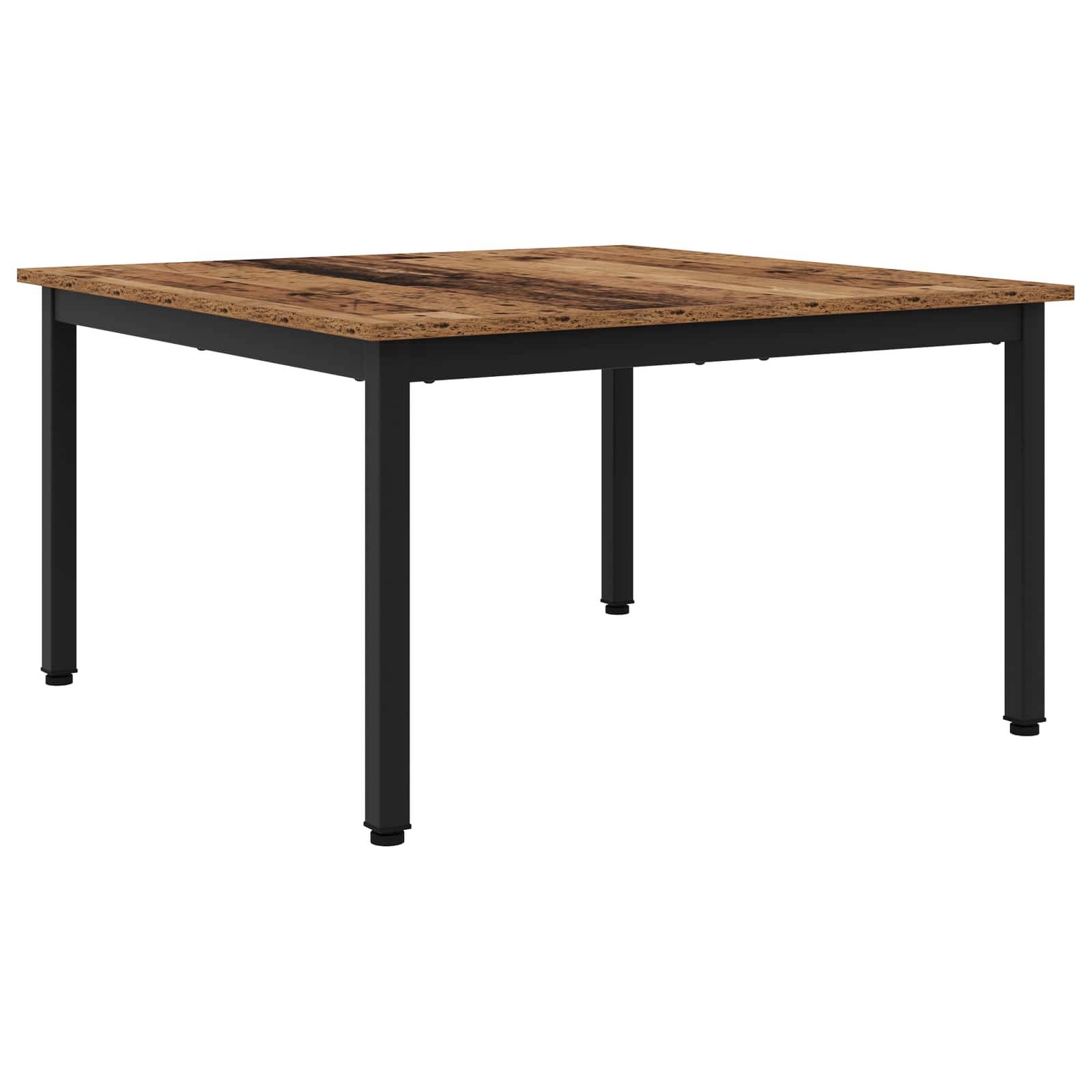 Quadratischer Holztisch mit Metallbeinen, mit rustikaler Oberfläche und schlichtem Design, geeignet für Essbereich oder Arbeitsplatz.