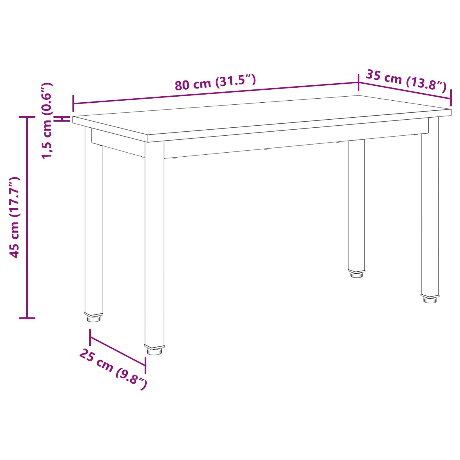 Darstellung eines rechteckigen Tisches mit beschrifteten Abmessungen: Höhe 45 cm (17,7 Zoll), Breite 35 cm (13,8 Zoll) und Länge 80 cm (31,5 Zoll).