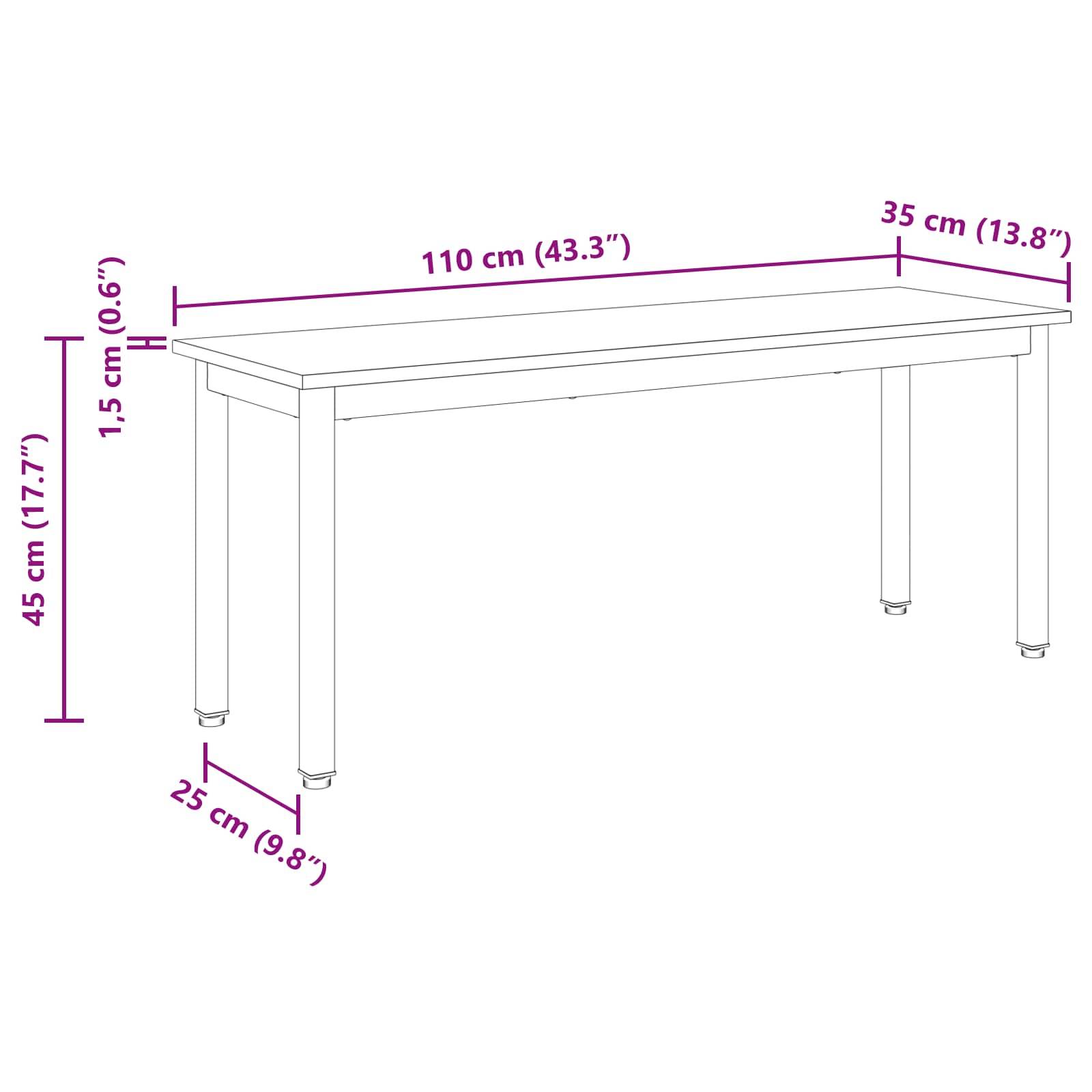 Ein rechteckiger Tisch mit beschrifteten Abmessungen: 110 cm (43,3