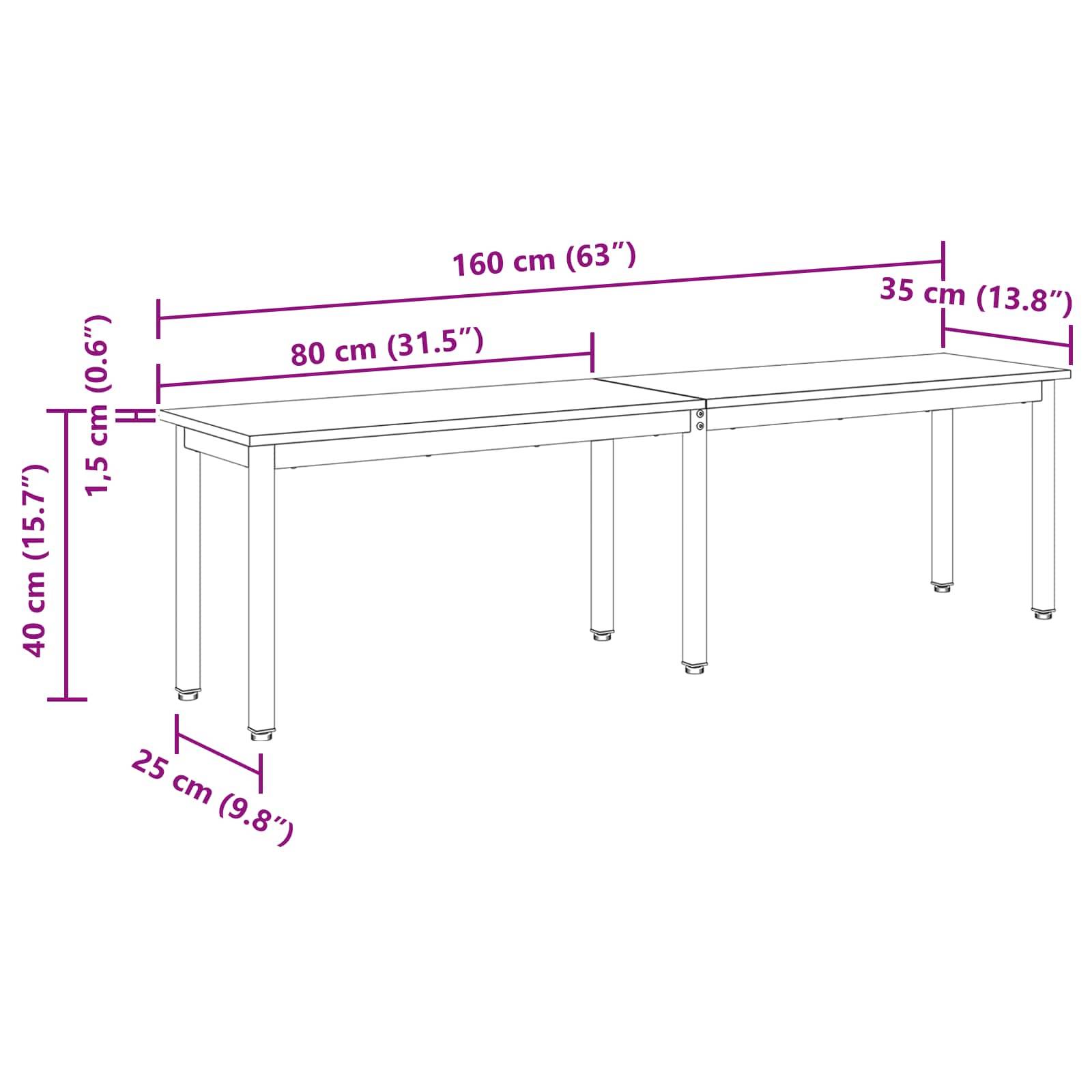 Eine Skizze eines Tisches mit Abmessungen: Länge 160 cm (63