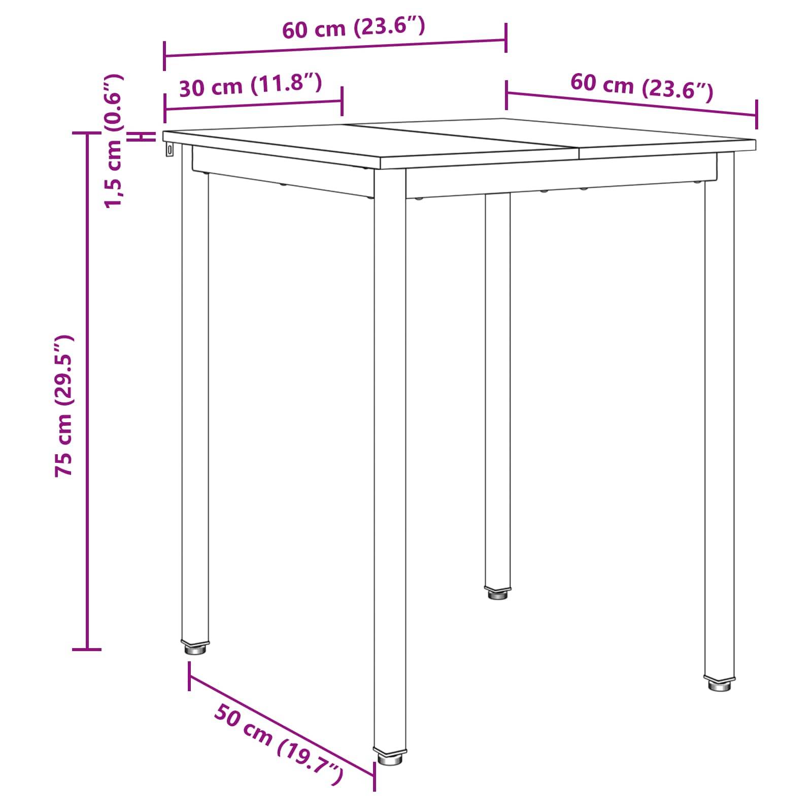 Ein rechteckiger Tisch mit markierten Abmessungen: 60 cm Breite, 50 cm Tiefe, 75 cm Höhe. Zusätzliche Maßangaben sind in rosa Text dargestellt.