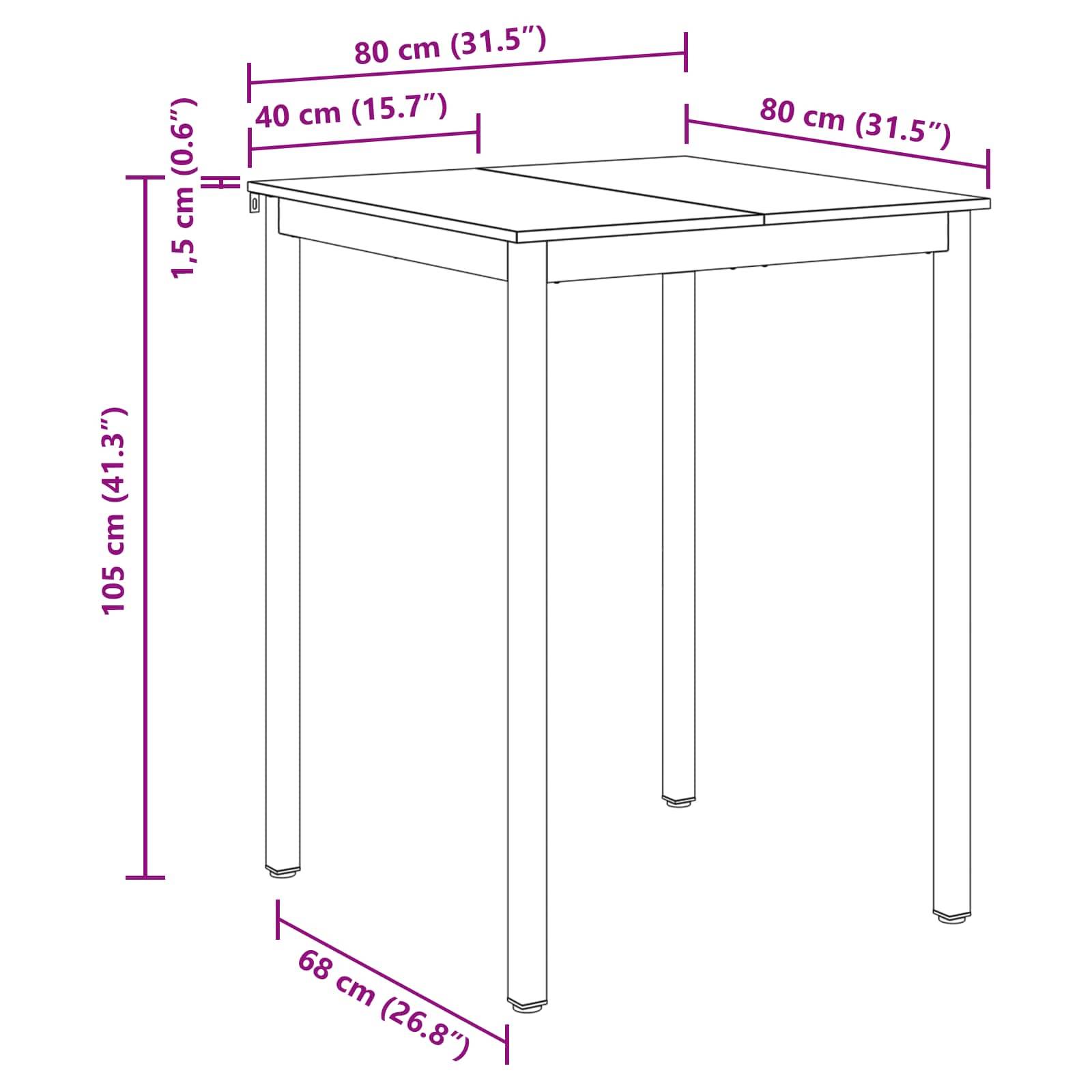 Eine Linienzeichnung eines hohen quadratischen Tisches mit den Maßen: 105 cm Höhe, 80 cm × 80 cm Tischplatte, 68 cm Breite am unteren Ende, 1,5 cm dicke Tischplatte.