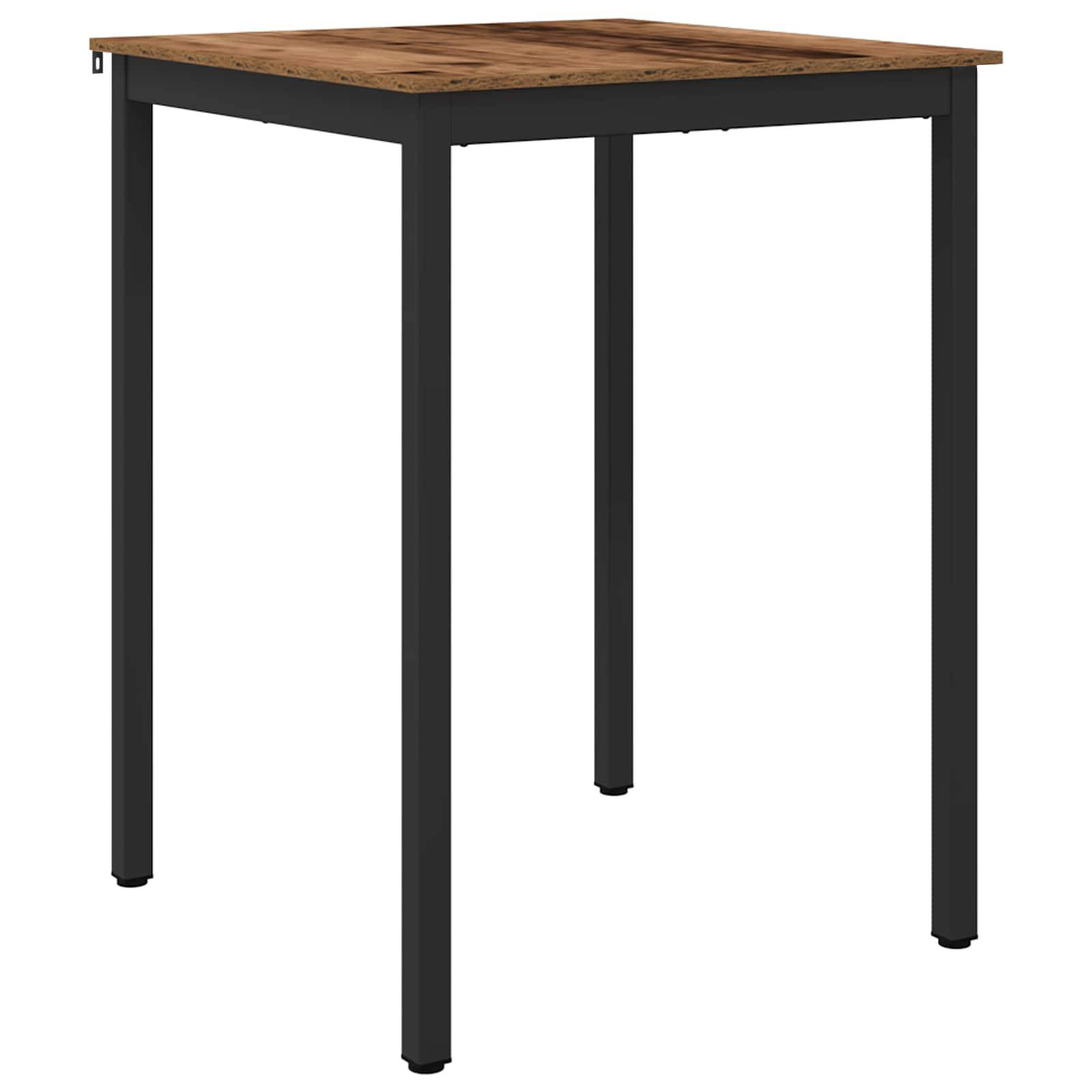 Ein quadratischer Holztisch mit dunkelbrauner Tischplatte und vier schwarzen Metallbeinen. Der Tisch wird vor einem weißen Hintergrund gezeigt.