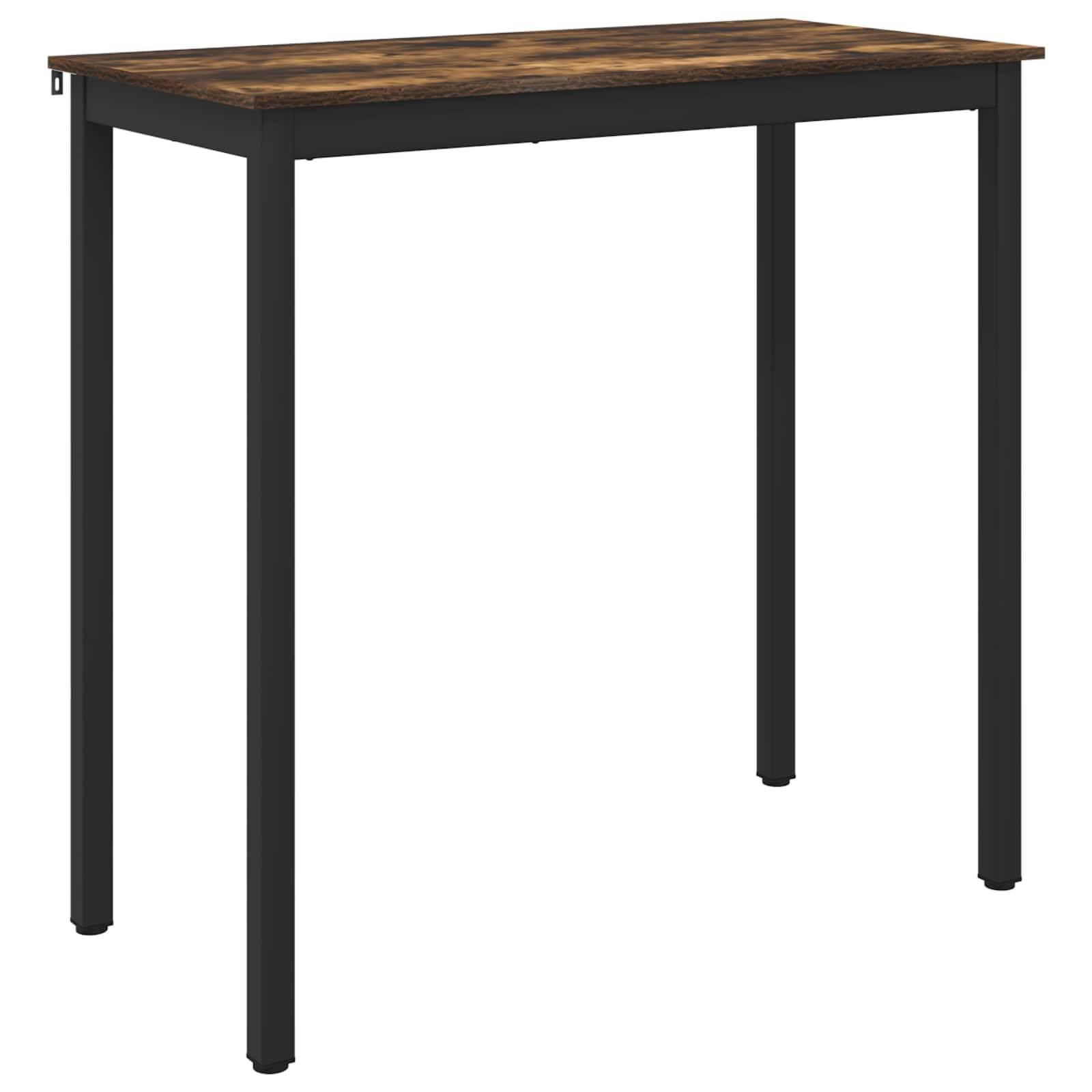 Ein Holz-Stehtisch mit einem dunklen Metallgestell und -beinen steht vor einem schlichten weißen Hintergrund.