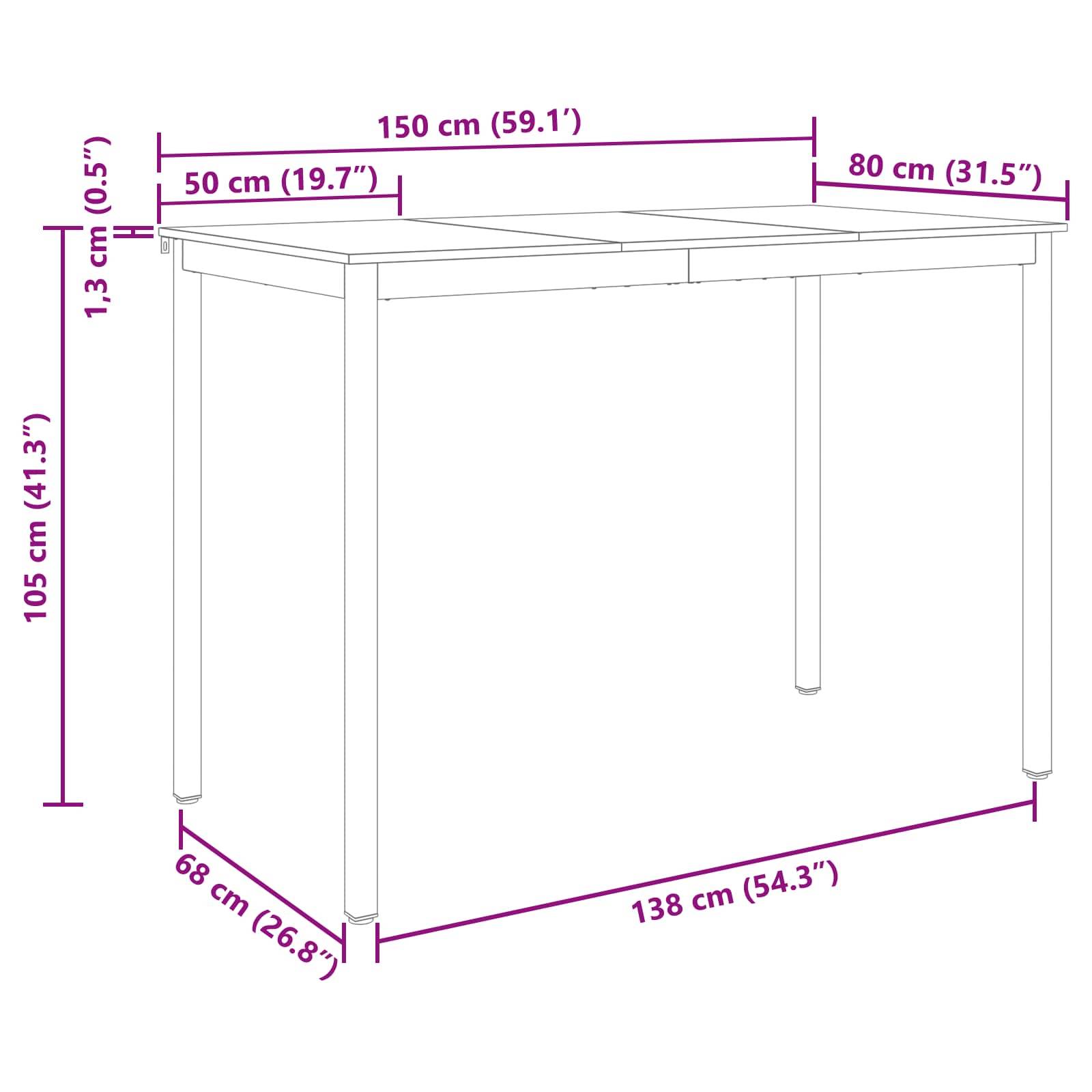 Diagramm eines Tisches mit Maßen: Höhe 105 cm, Breite 150 cm, Tiefe 80 cm; Tragende Beine an festgelegten Punkten positioniert.
