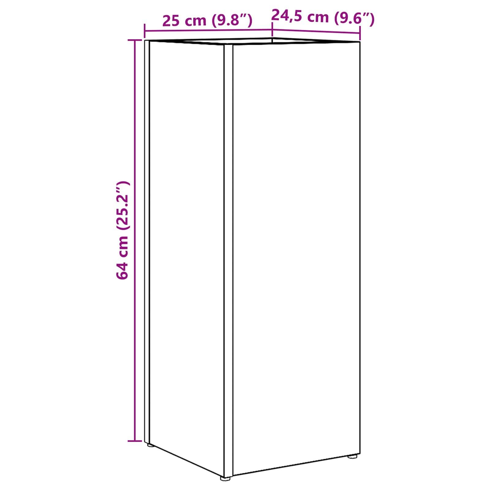 Eine schematische Darstellung einer rechteckigen Box mit den Abmessungen: Höhe 64 cm (25,2 Zoll), Breite 25 cm (9,8 Zoll), Tiefe 24,5 cm (9,6 Zoll).