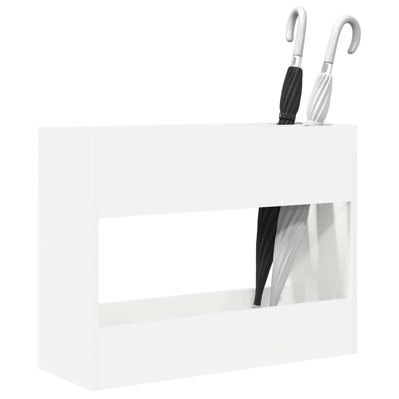 Ein weißer Schirmständer, der zwei Regenschirme mit geschwungenen Griffen hält, einen schwarzen und einen weißen, vor einem einfarbigen Hintergrund.