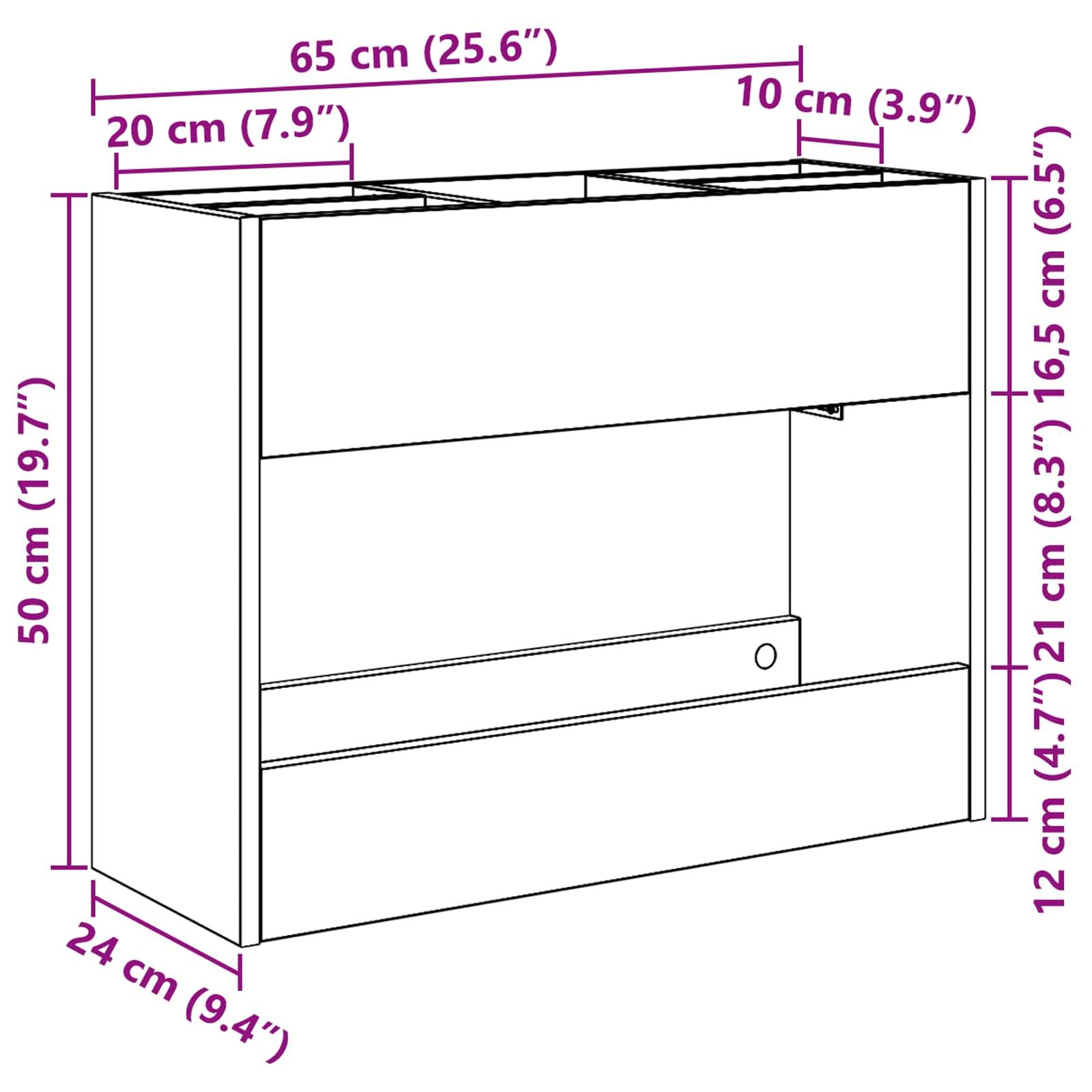 Ein rechteckiger Wandschrank mit beschrifteten Abmessungen: 65 cm breit, 50 cm hoch, 24 cm tief, mit verschiedenen Größen der Innenbereiche.