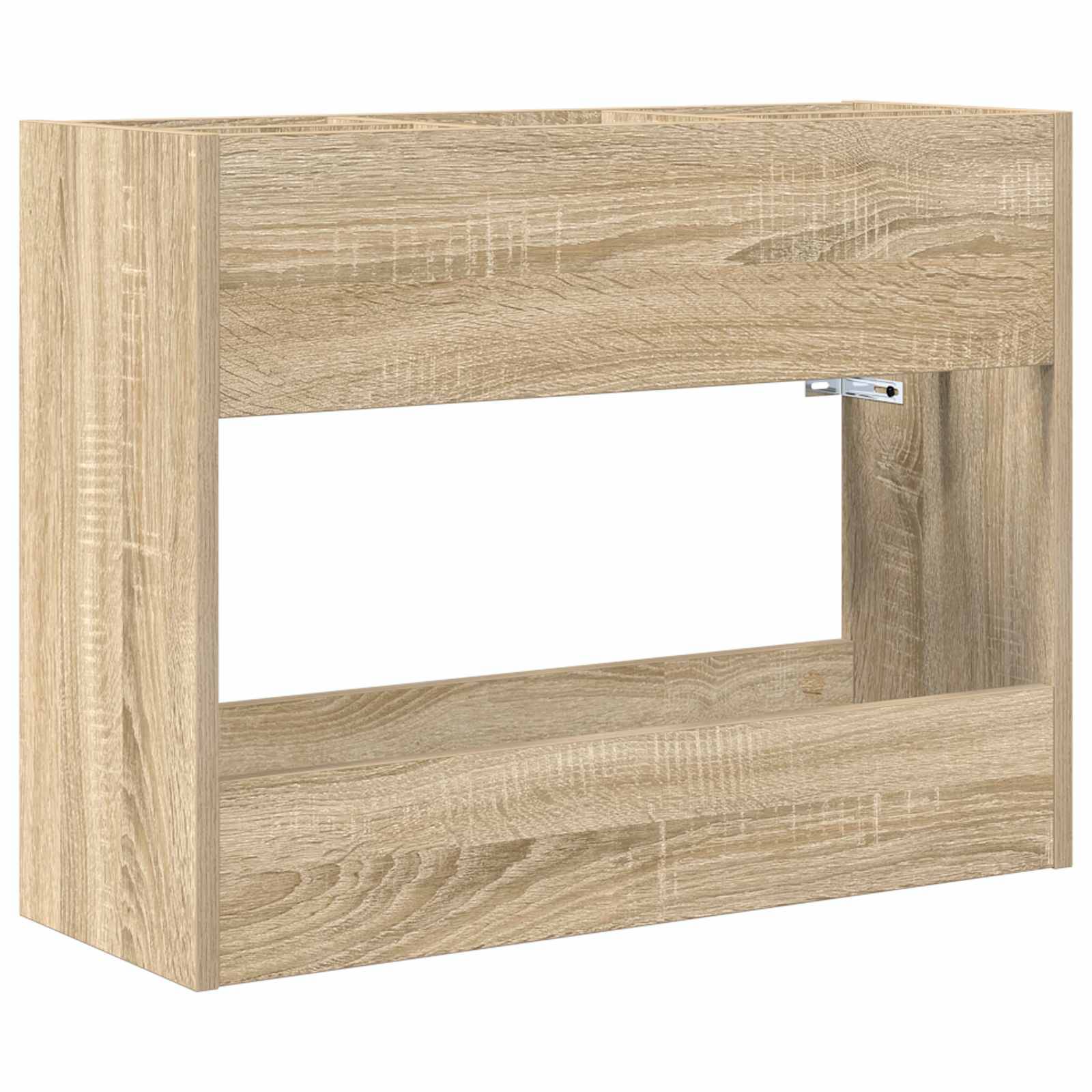 Ein heller, holzfarbener Schrank mit einer offenen mittleren Sektion, konzipiert für die Wandmontage und ein schlichtes, modernes Design.