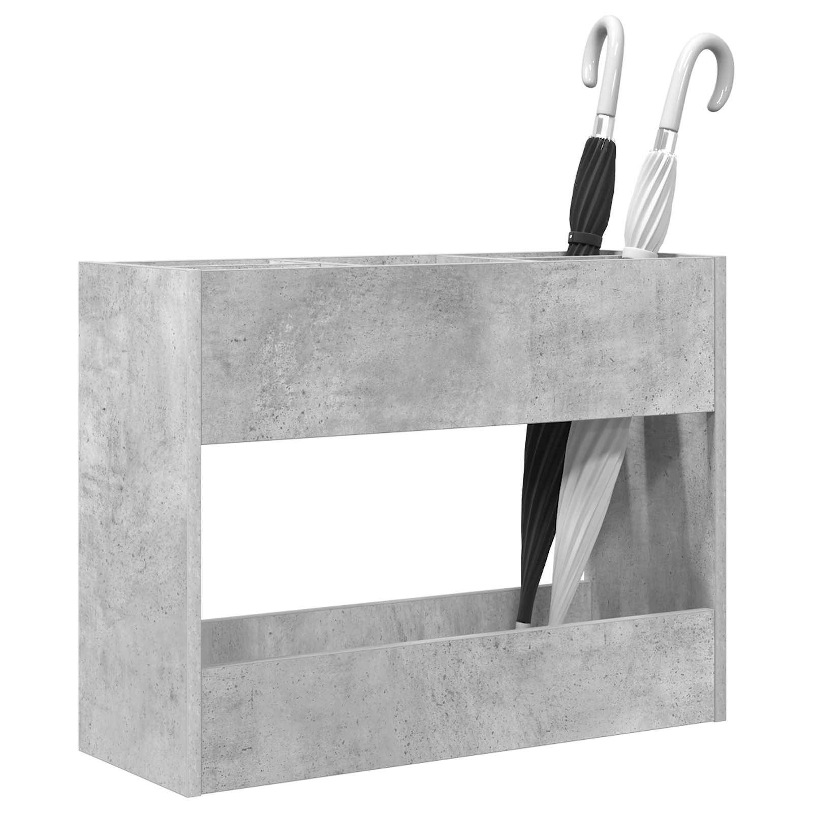 Ein hoher, rechteckiger Betonschirmständer hält zwei Schirme, einen schwarzen und einen weißen, und präsentiert ein modernes, minimalistisches Design.
